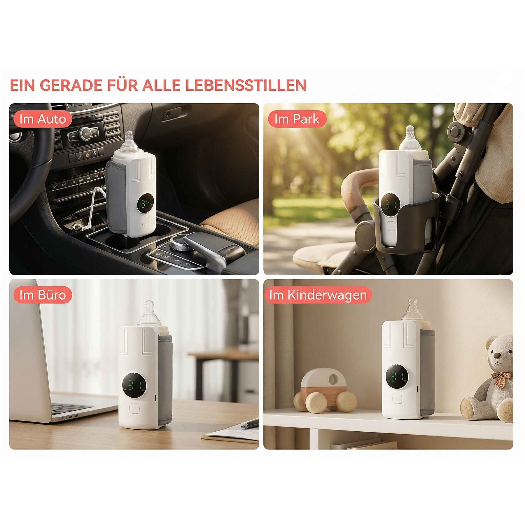 Ein Babyflaschenwärmer in vier Szenarien: im Auto, Park, Büro und Kinderwagen.
