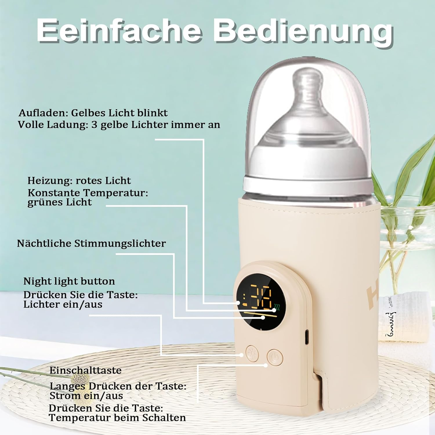 Ein Babyflaschenwärmer mit digitaler Anzeige und Bedienelementen.