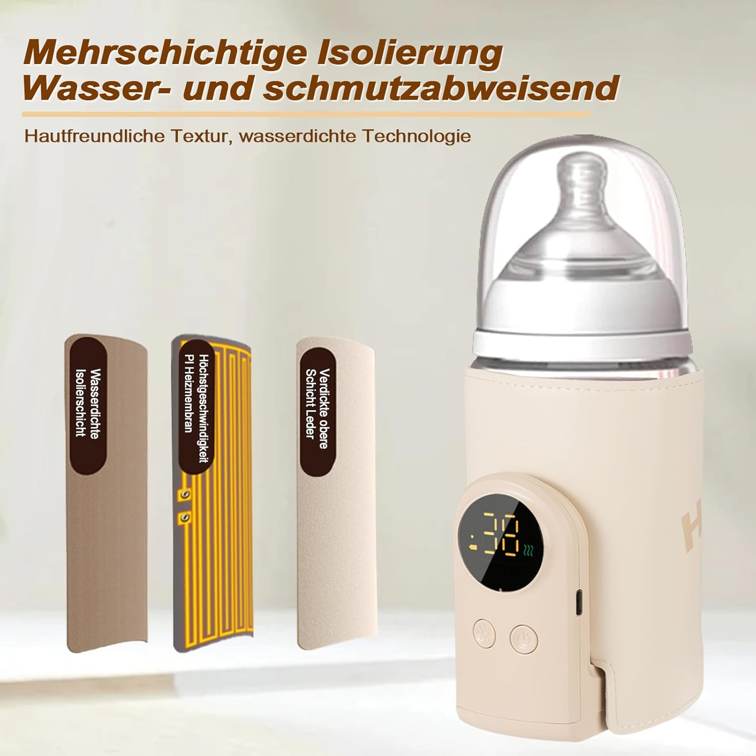 Ein Babyflaschenwärmer mit digitaler Anzeige und drei Materialschichten.
