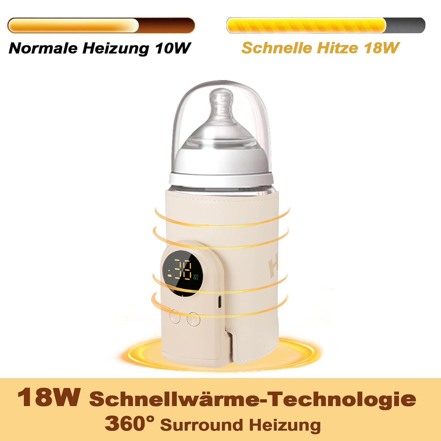 Beiger Flaschenwärmer mit digitaler Anzeige, 18W Schnellheiztechnologie.
