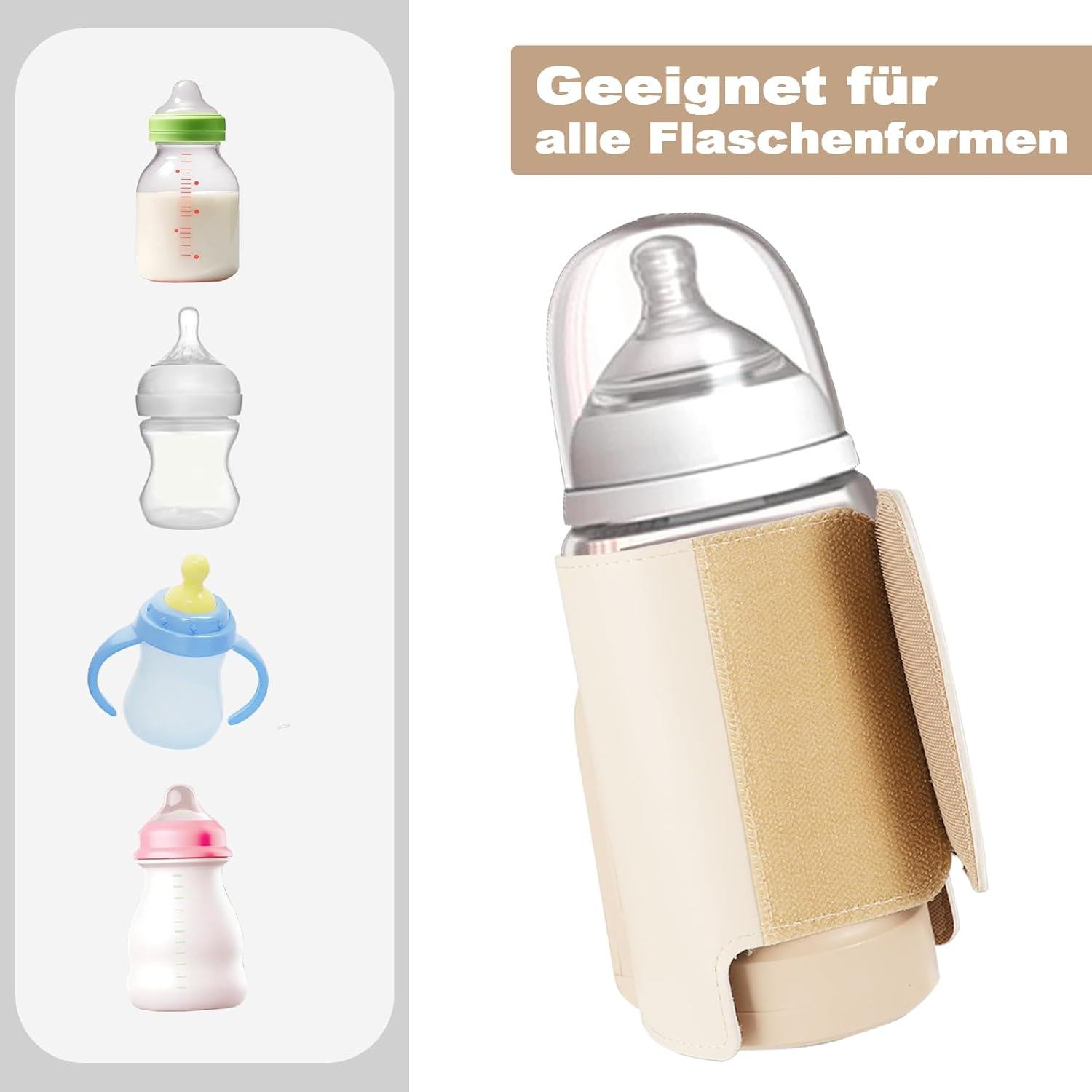 Babyflaschenhalter aus Leder mit Klettverschluss, passend für alle Flaschenformen.