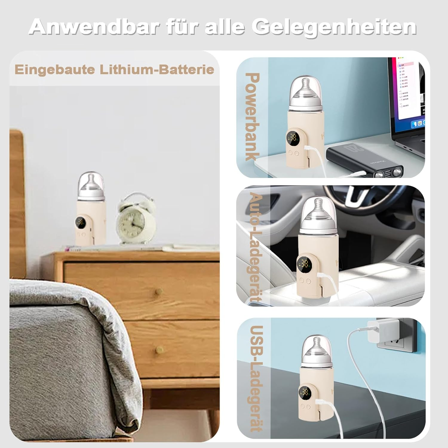 Beige Flasche mit digitaler Anzeige, lädt über USB, Powerbank, Auto, Steckdose.