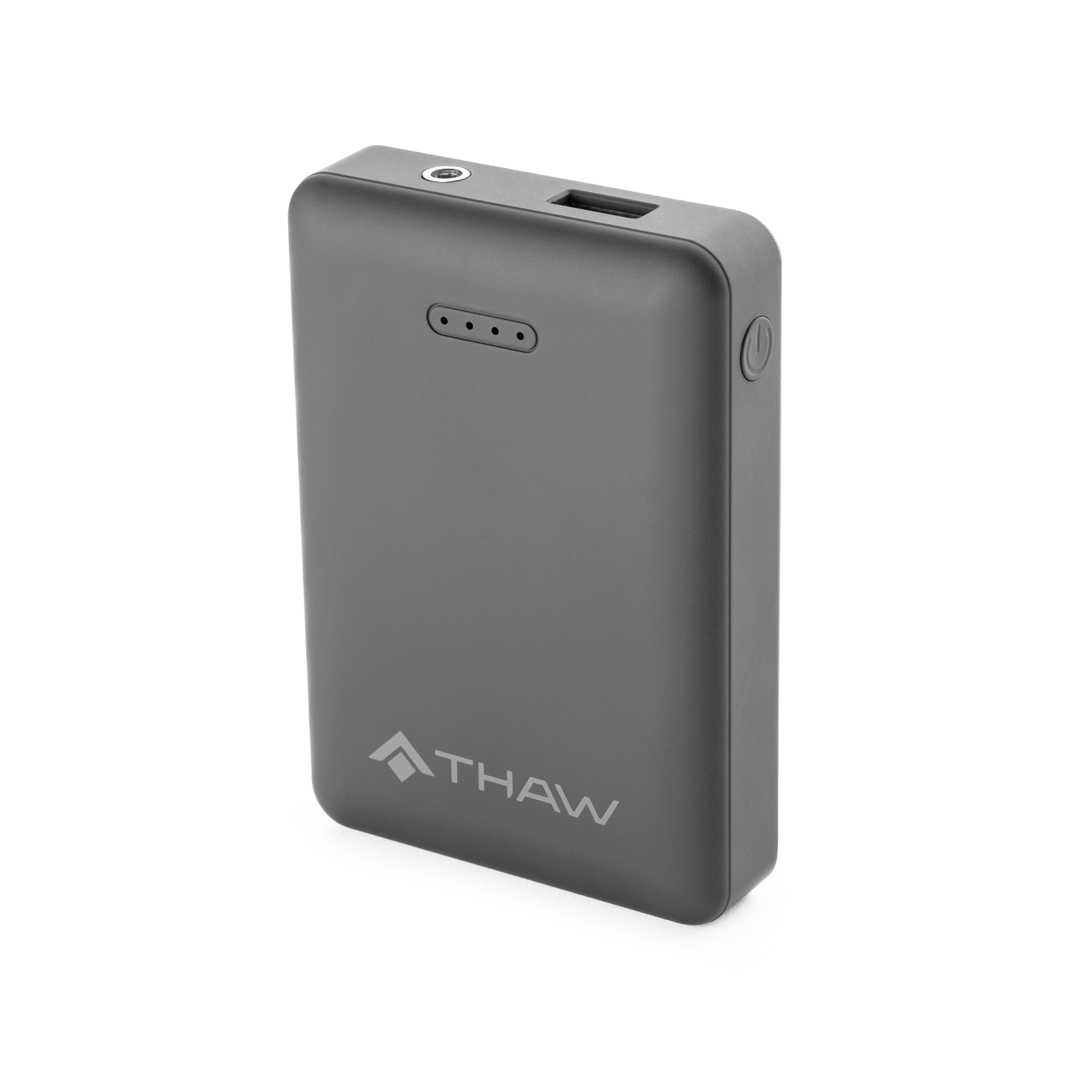 Grauer kompakter Powerbank mit Logo und Ladeanzeige.