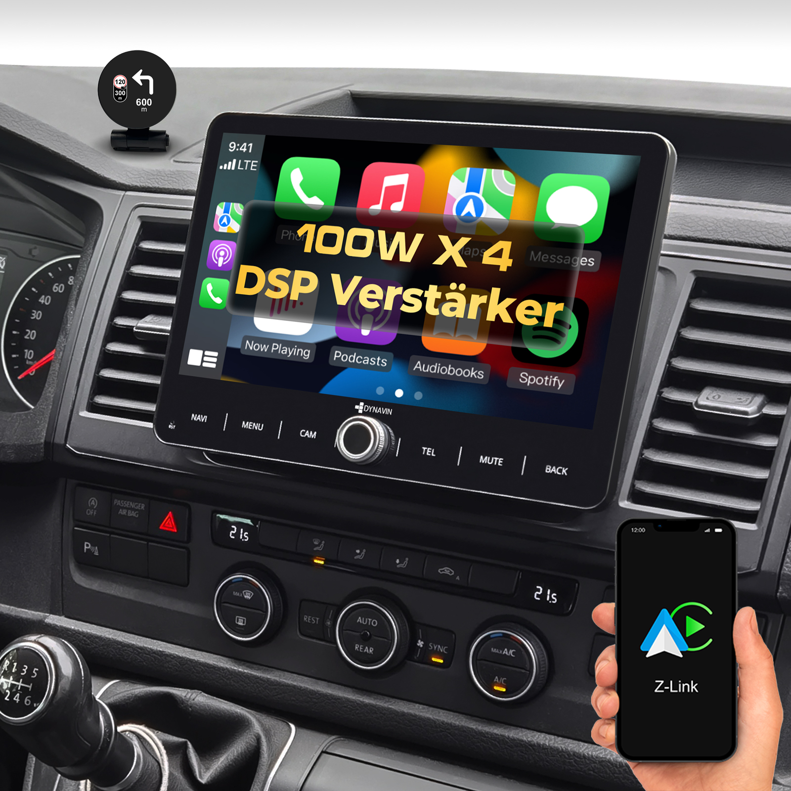 Armaturenbrett mit Navi-Bildschirm, Handy und Schalthebel.