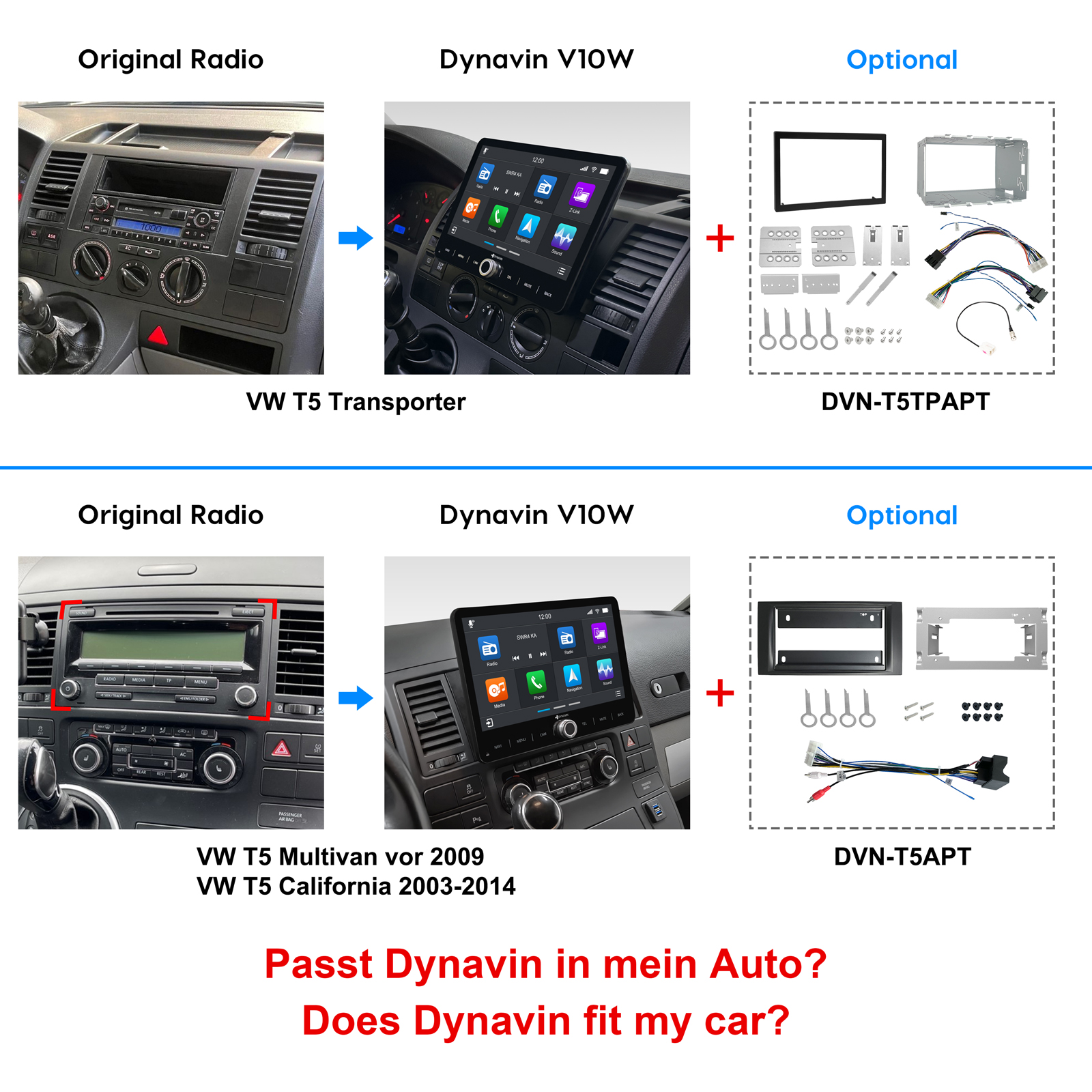 Vergleich von Originalradio und Dynavin V10W für VW T5 Transporter mit Einbauteilen.