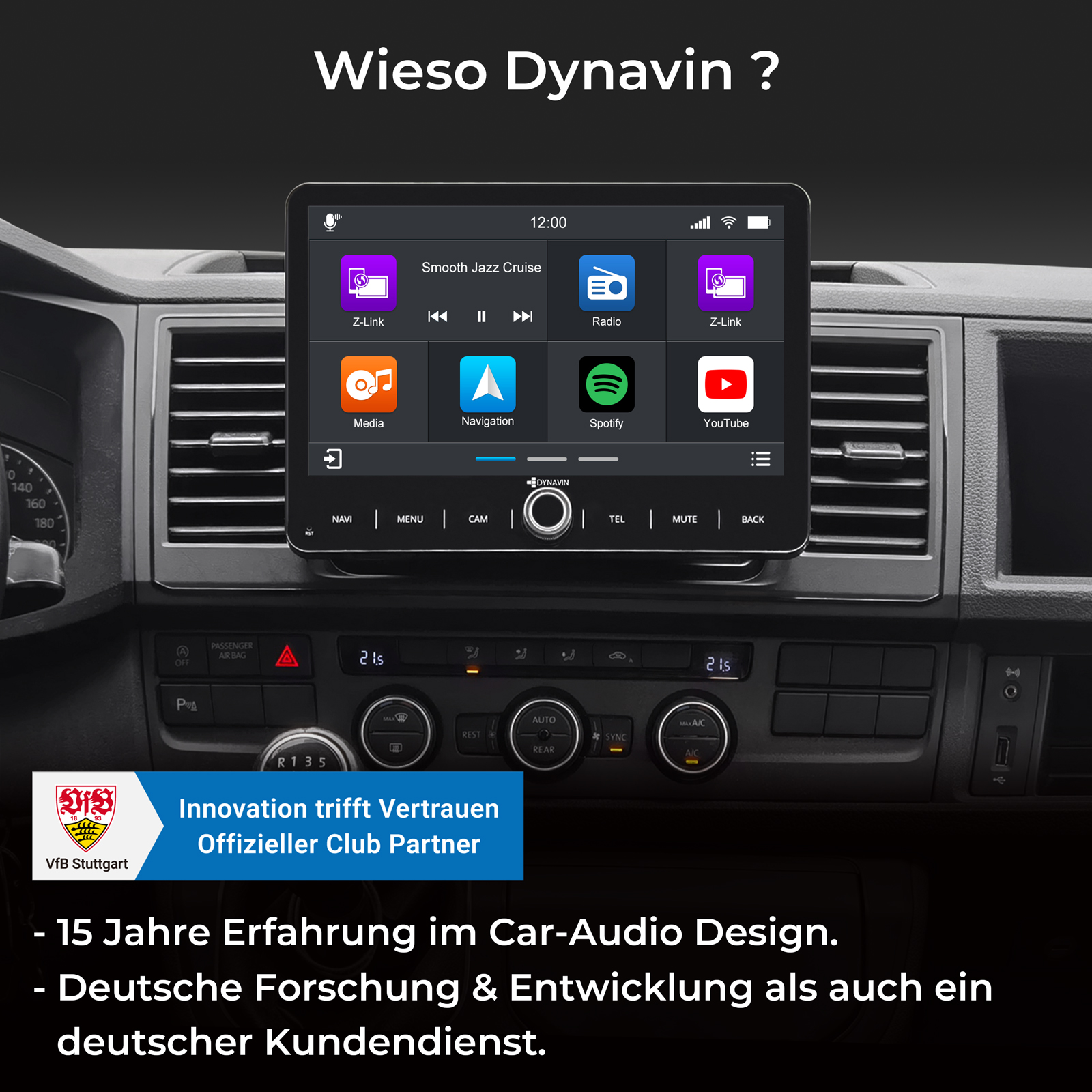 Ein Dynavin Infotainmentsystem im Auto mit Apps und VfB Stuttgart Logo.