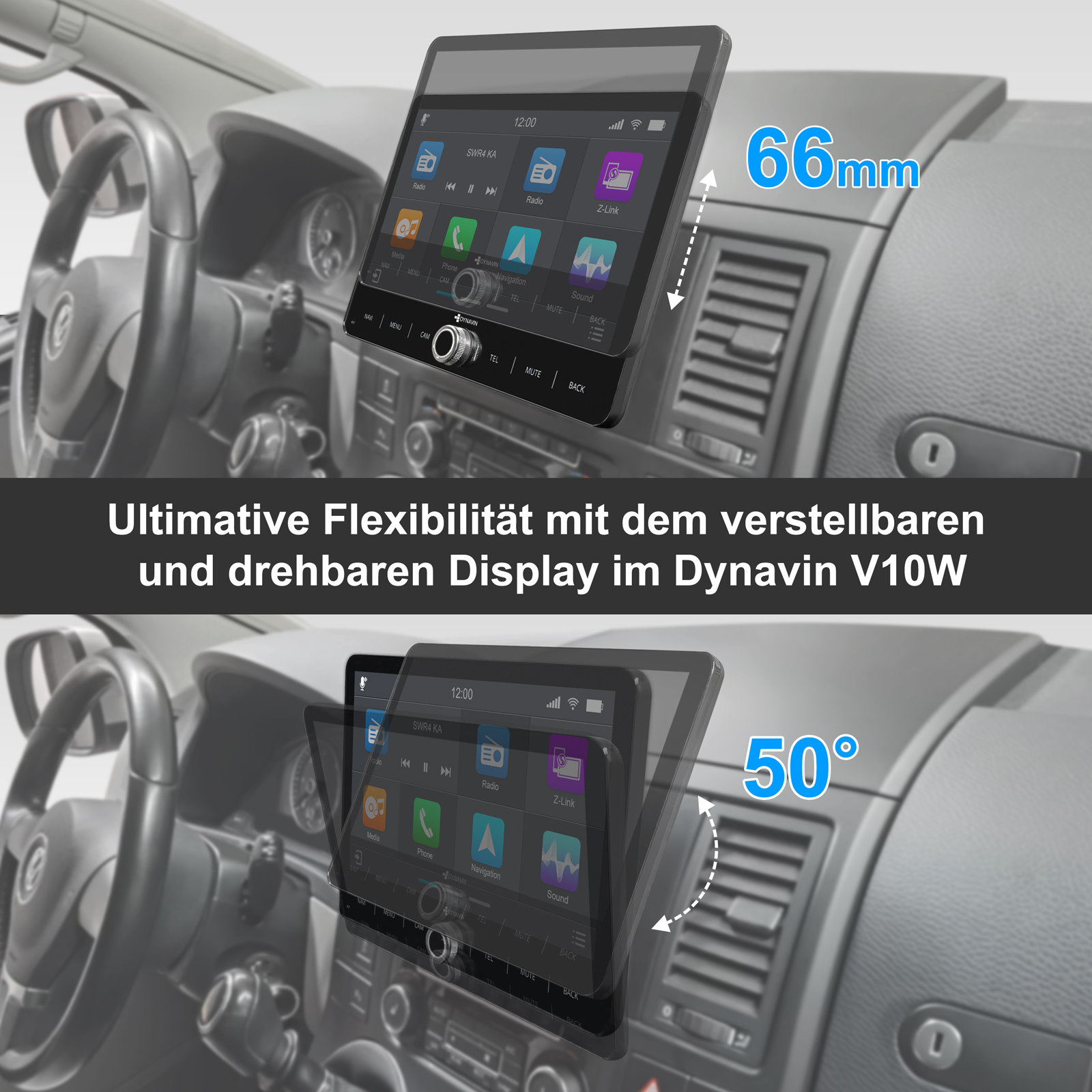 Auto-Display verstellbar um 66mm und 50 Grad, zeigt Menüs wie Radio, Navigation.