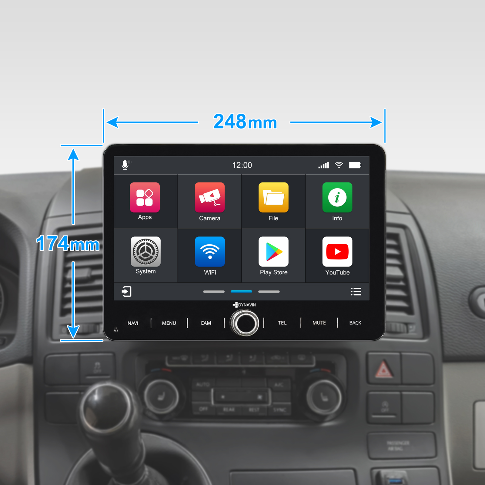 Ein Touchscreen-Infotainmentsystem in einem Fahrzeug mit App-Symbolen.