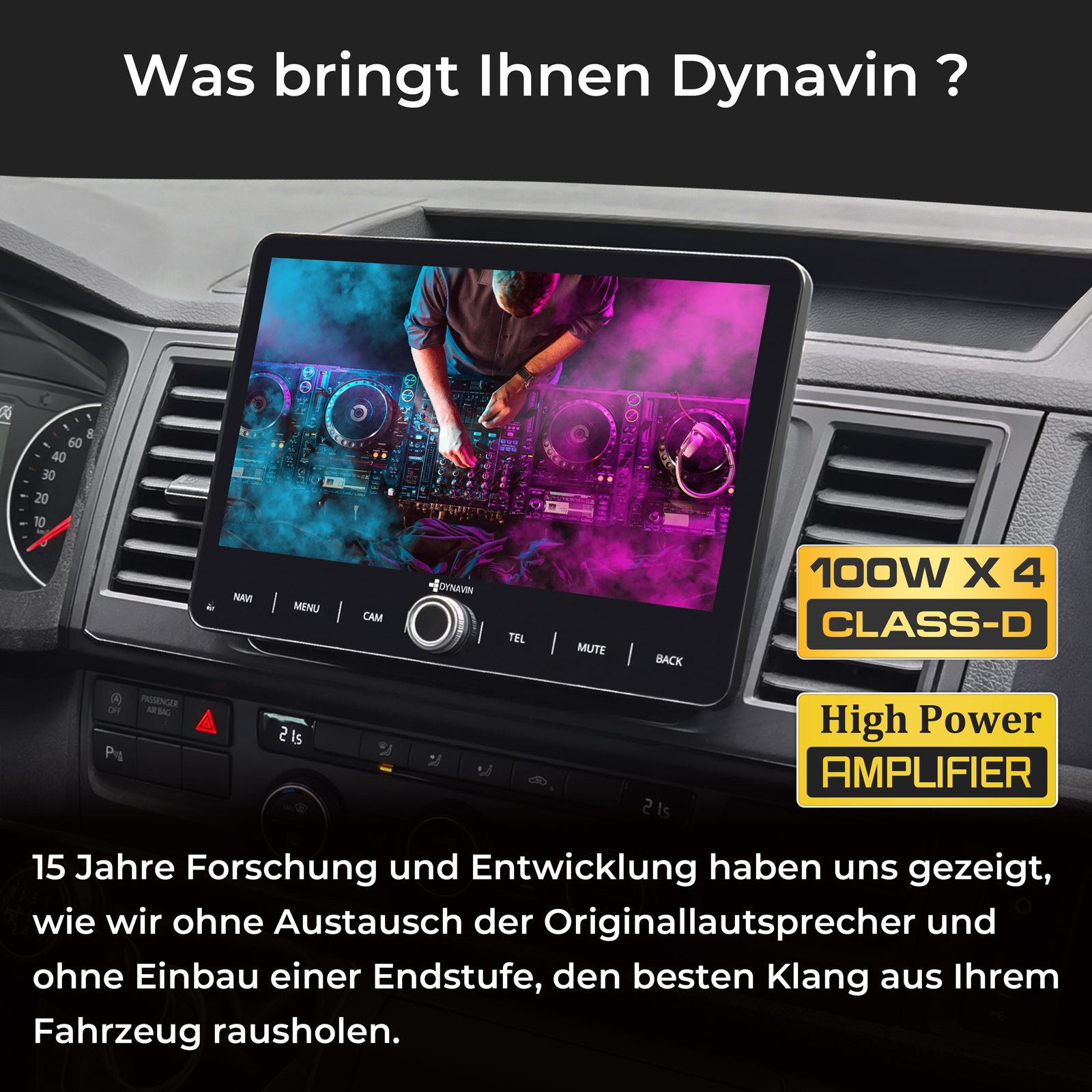 Ein Autoradio-Display zeigt einen DJ mit Lichtern. Darunter sind Bedienelemente.