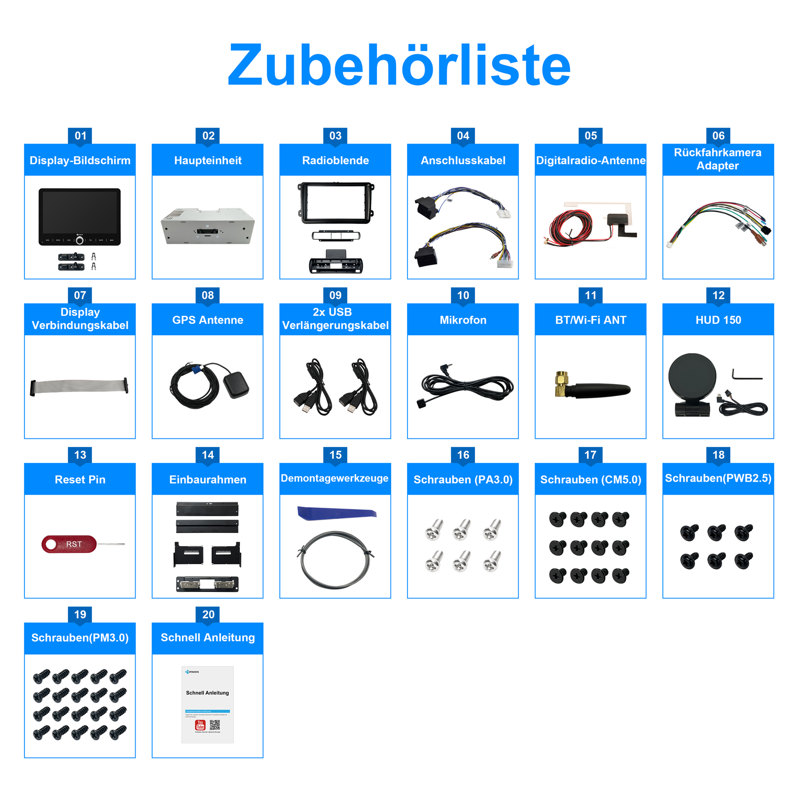 Übersicht der Autozubehörteile mit Nummern und Namen in deutscher Sprache.
