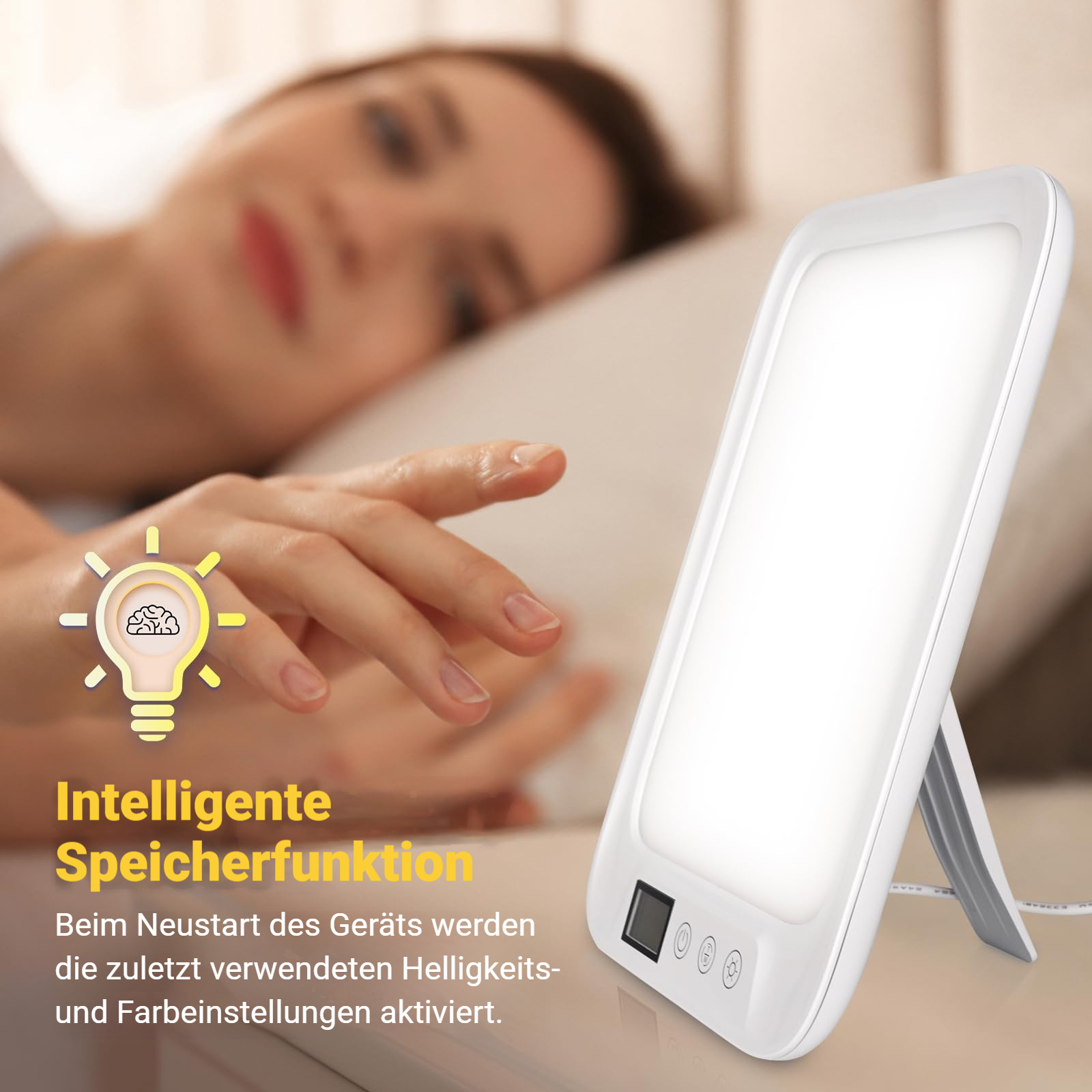 Frau liegt im Bett, daneben ein Lichttherapiegerät mit Glühbirnensymbol.