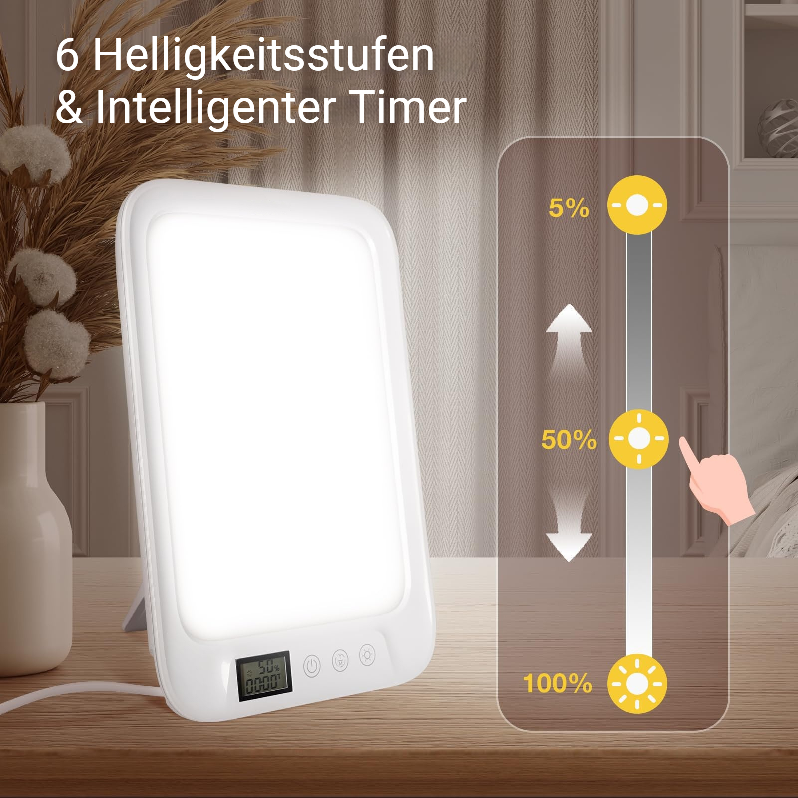 Ein Lichttherapiegerät mit 6 Helligkeitsstufen und Timer. Verstellbar von 5% bis 100%.