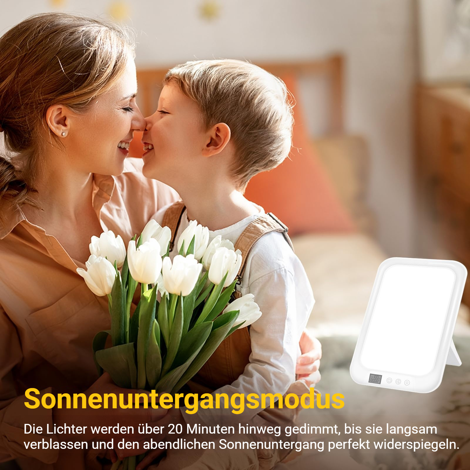 Mutter und Kind mit Blumen und einer Lichttherapie-Lampe.