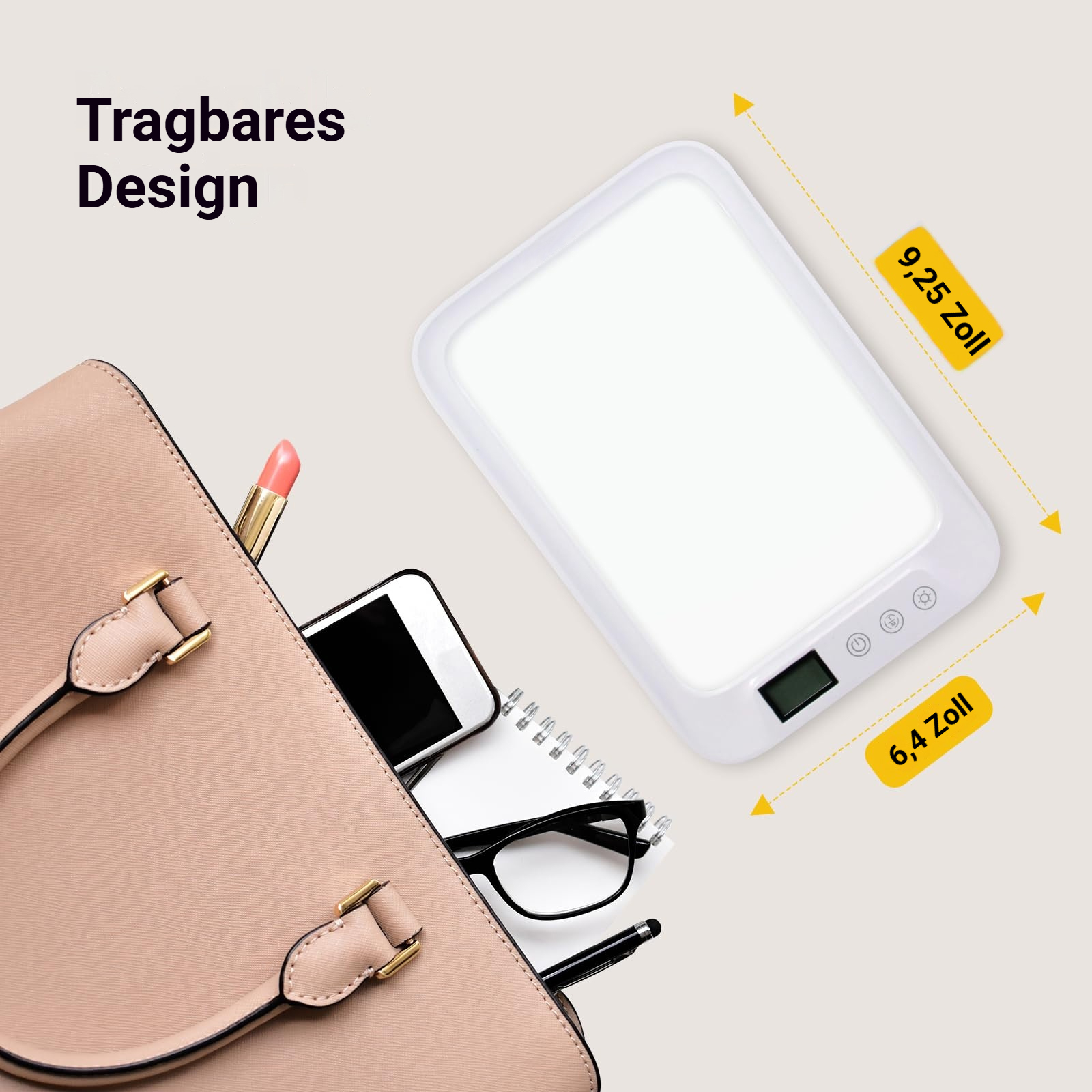 Eine helle Lampe, ein Handy, Lippenstift, Brille und Stift neben einer Tasche.