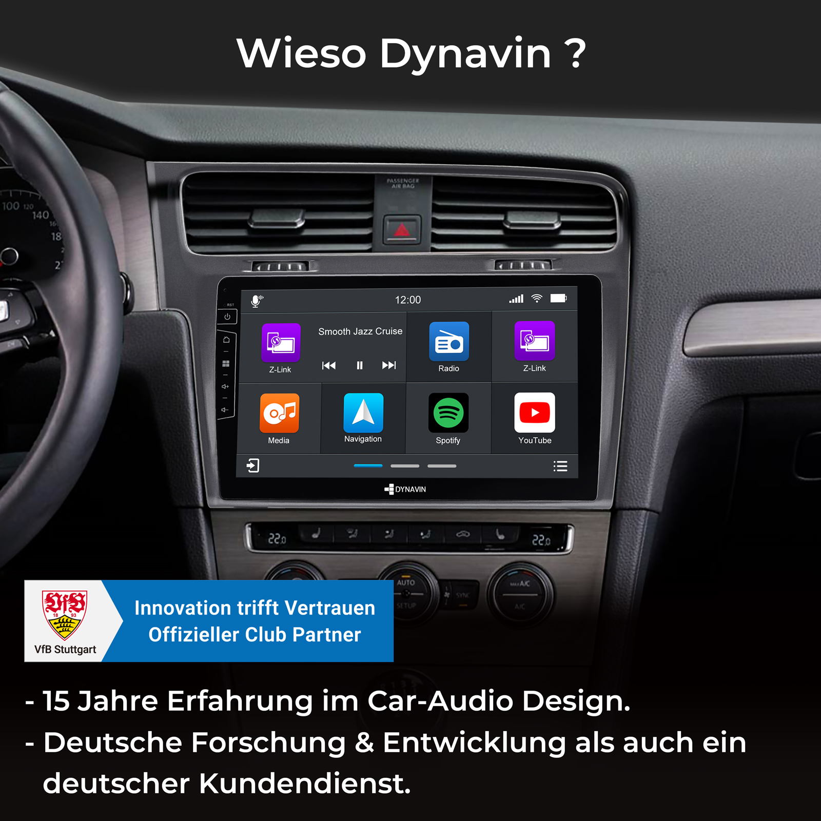 Auto-Infotainment-Bildschirm mit App-Icons: Z-Link, Radio, Media, Navigation, Spotify, YouTube.