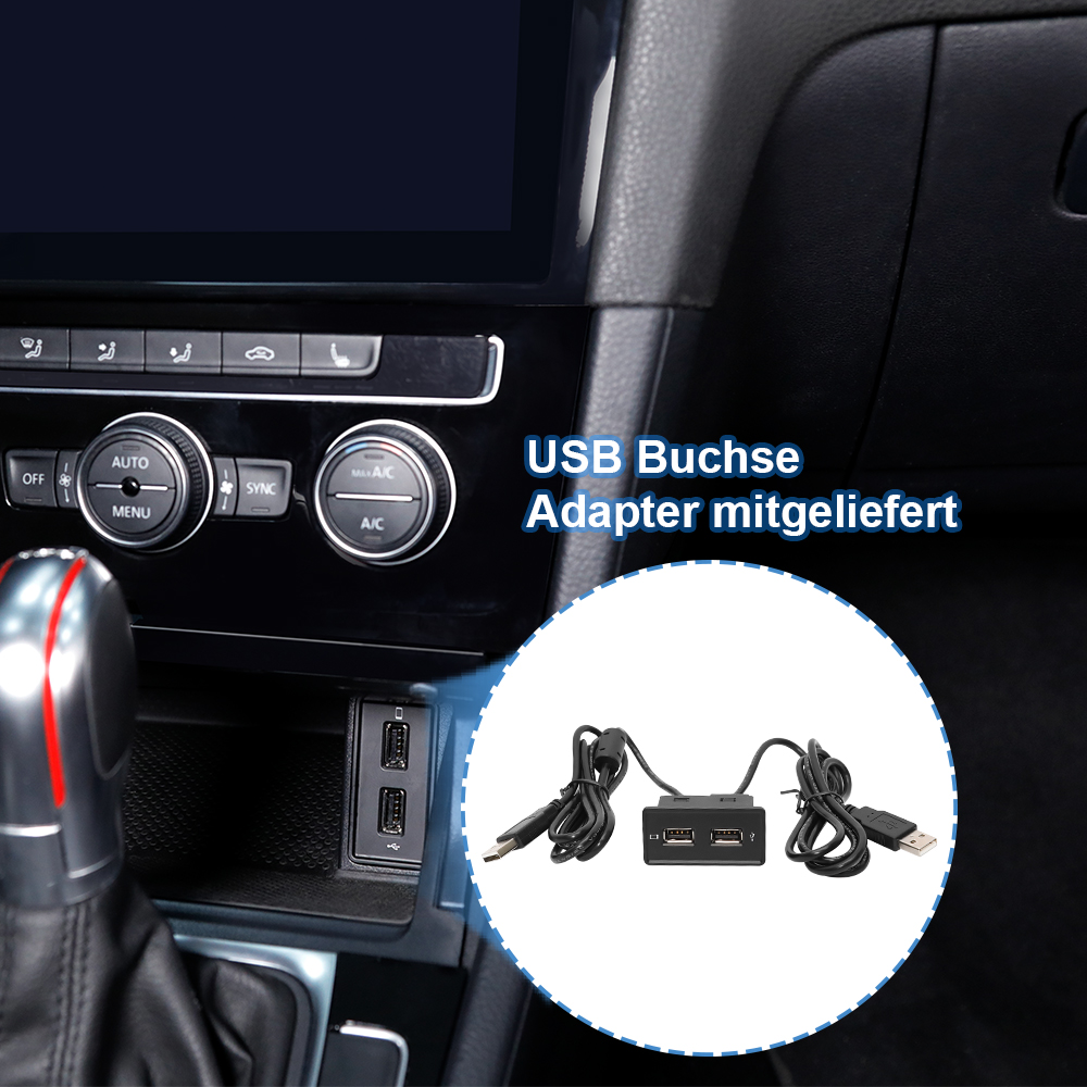 Ein USB-Adapter mit zwei Anschlüssen im Auto, neben dem Schalthebel.