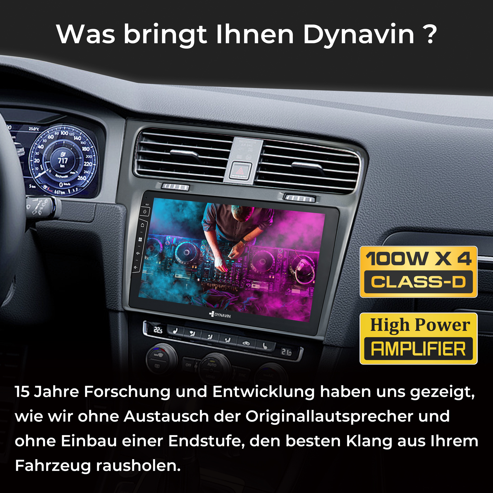 Ein Autoradio mit DJ-Bildschirm und Text über Verstärkerleistung.