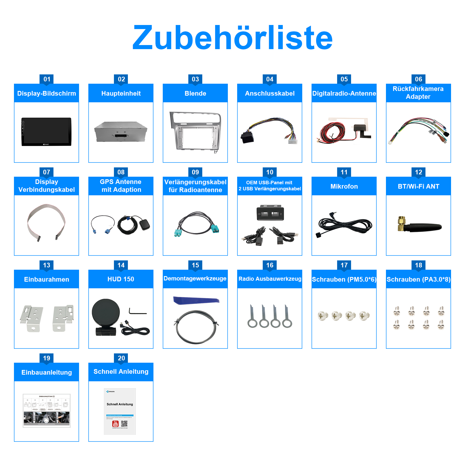 Übersicht der Autozubehörteile mit Nummern und Bildern.