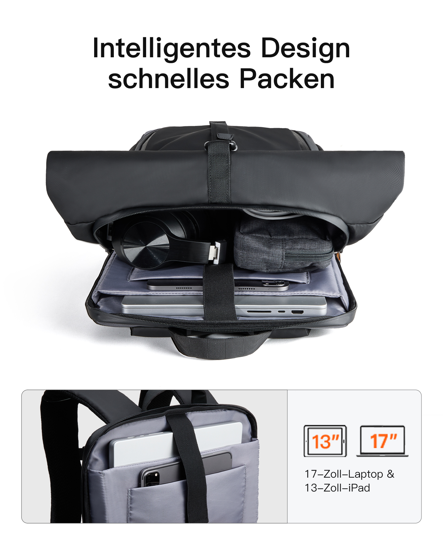 Schwarzer Rucksack mit geöffnetem Hauptfach, Kopfhörern, Laptop und Tablet.