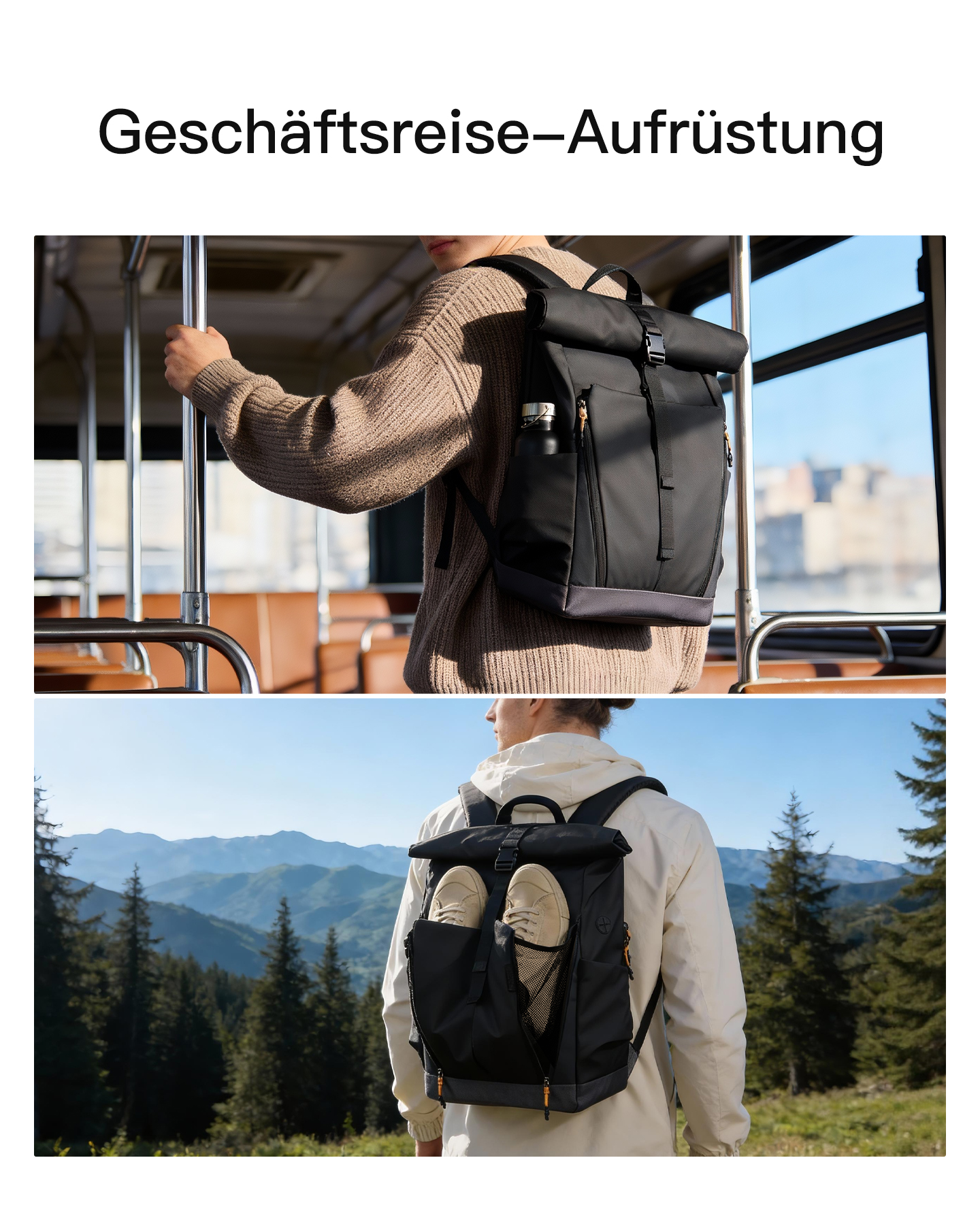 Mann im Zug mit Rucksack und Mann in Bergen mit Rucksack. Geschäftsausstattung.