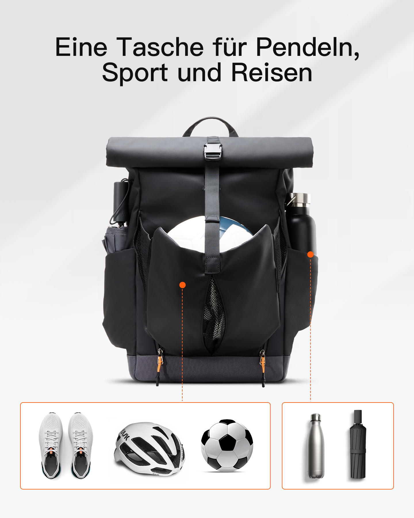 Schwarzer Rucksack mit Fußball, Helm, Schuhen, Flasche und Regenschirm.