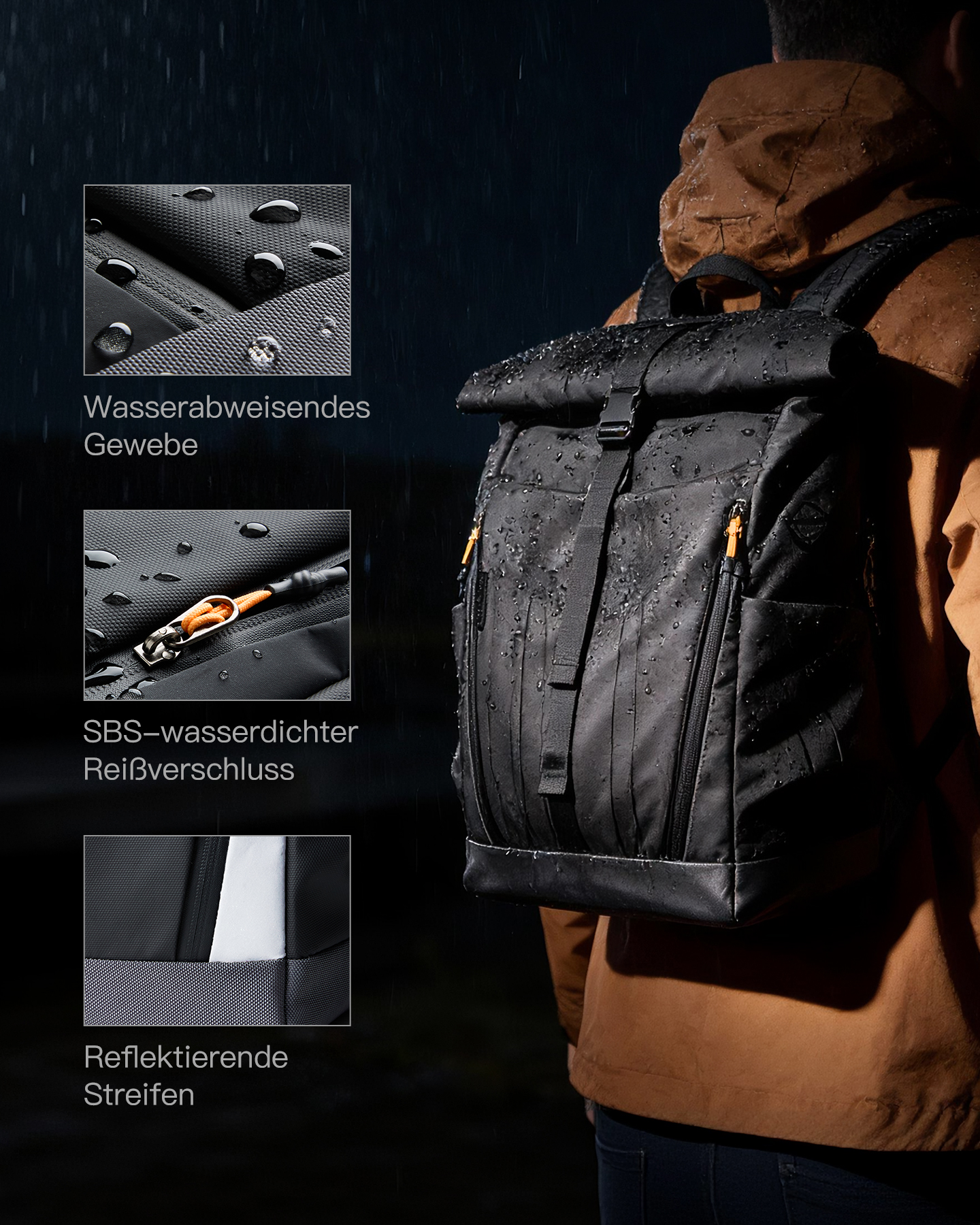 Person mit schwarzem Rucksack im Regen, wasserabweisend.