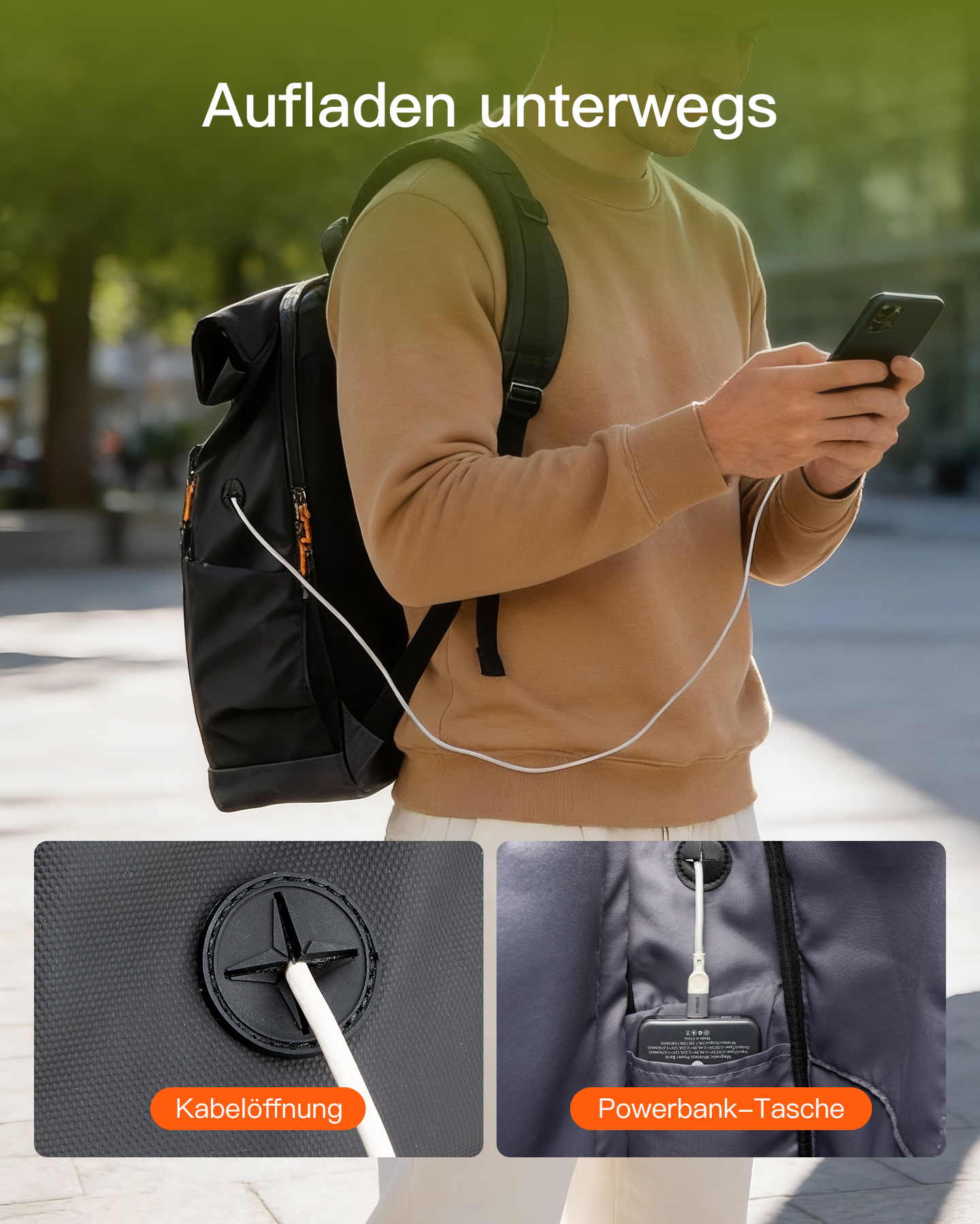 Mann lädt Handy mit Powerbank im Rucksack auf.