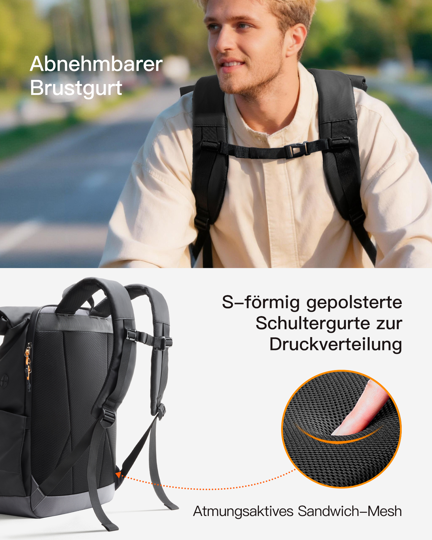 Mann mit Rucksack, der eine abnehmbare Brustgurtschnalle zeigt.