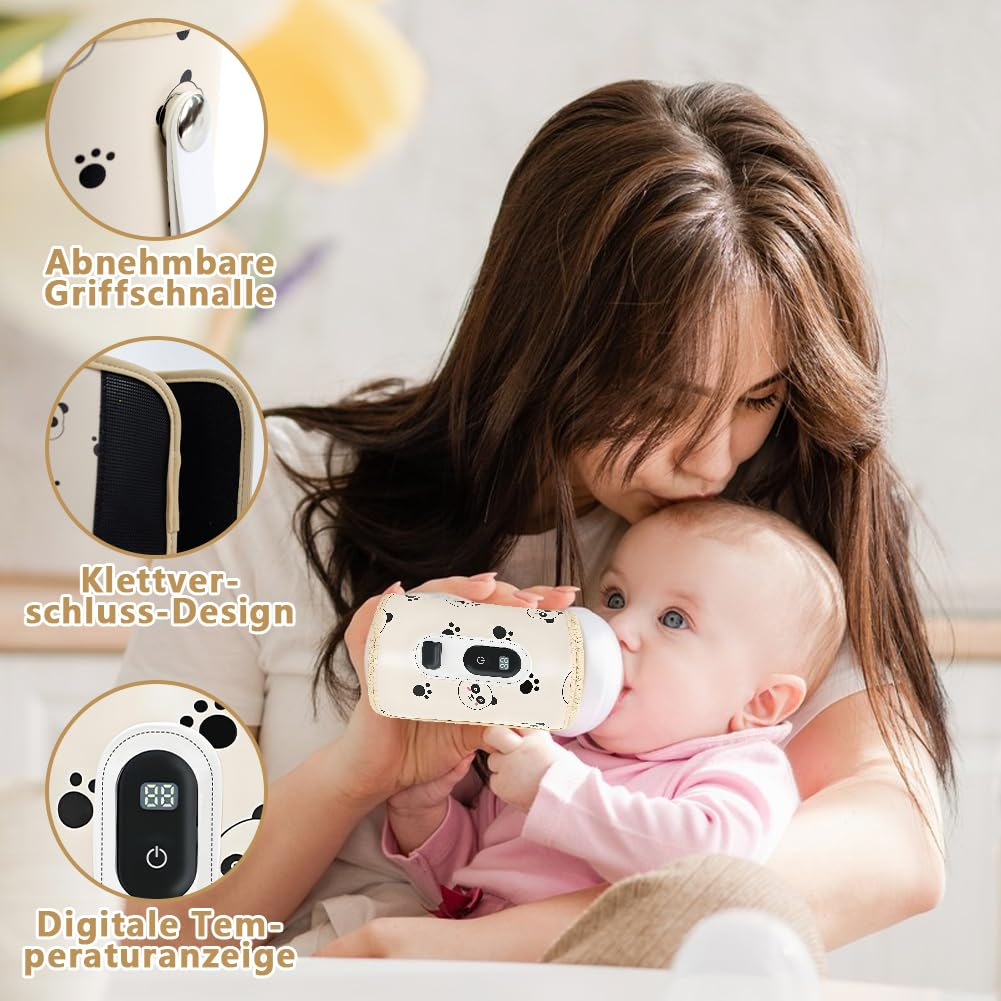 Mutter gibt Baby Flasche mit Temperaturanzeige, Welpe Pfotenmuster.