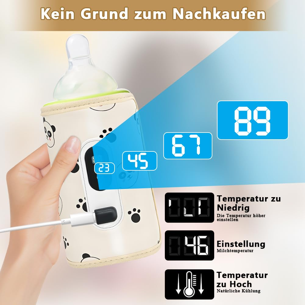 Babyflasche mit Panda-Motiv, wird von Hand gehalten, mit digitalen Temperaturanzeigen.
