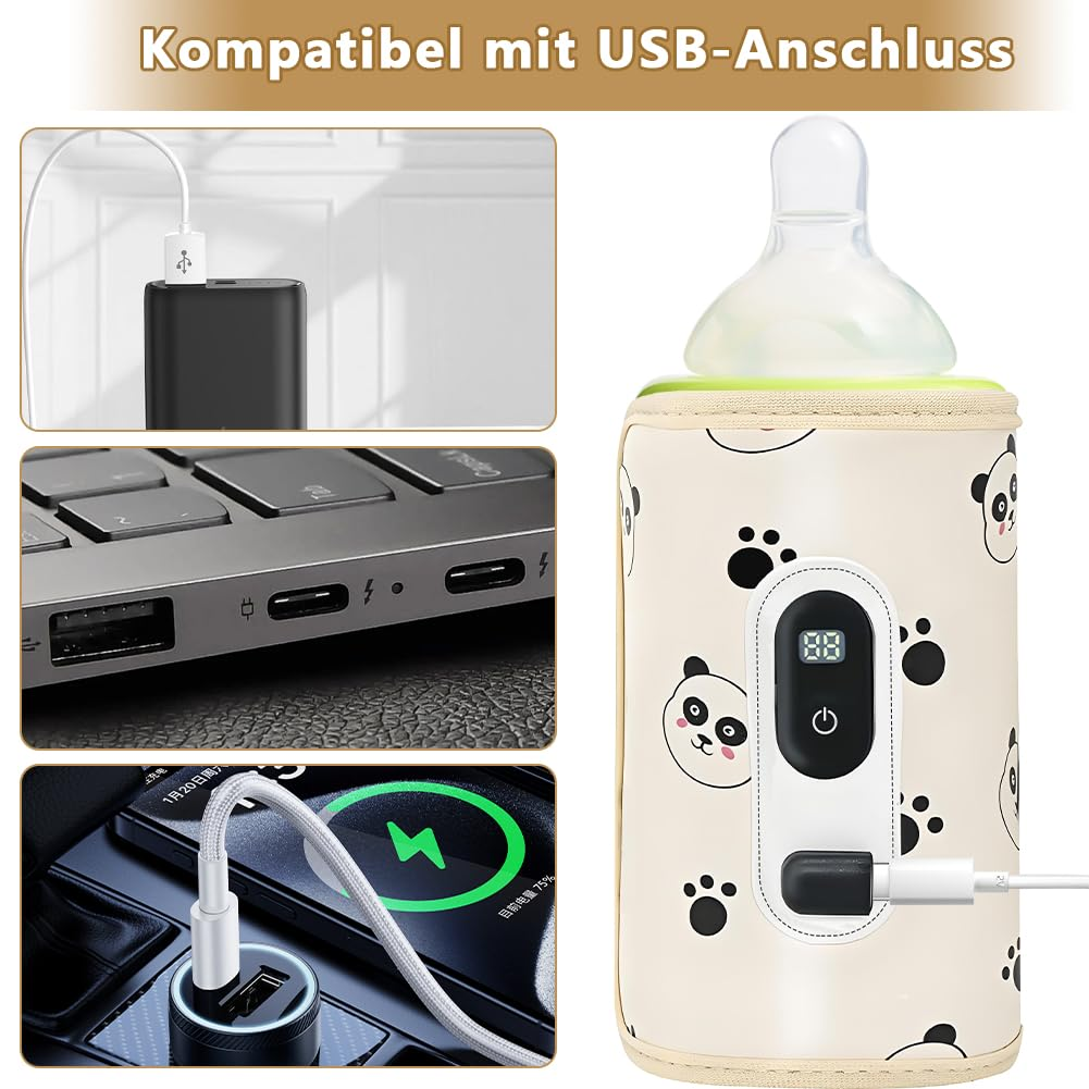 Babyflaschenwärmer mit Panda-Motiv, USB-kompatibel, mit digitaler Anzeige.
