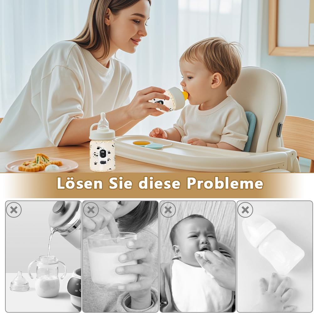 Mutter füttert Baby mit Flasche im Hochstuhl. Unten: Wasser einfüllen, Glas halten, Baby weint, leere Flasche.