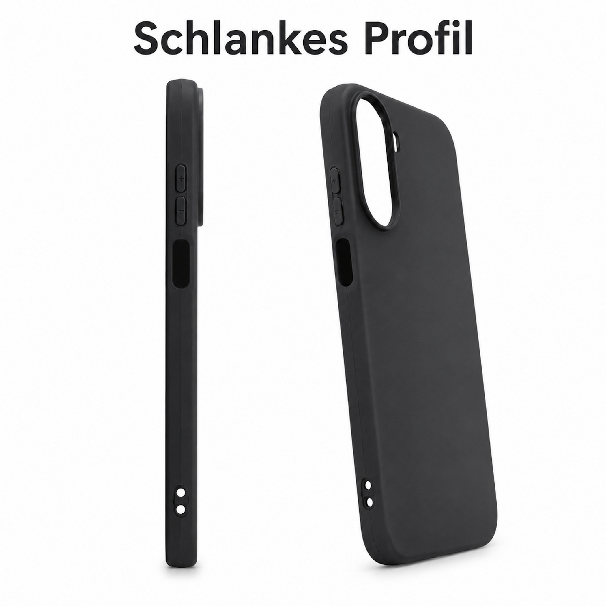 Schwarze Handyhülle von der Seite und schräg, mit Ausschnitten für Tasten und Kamera.