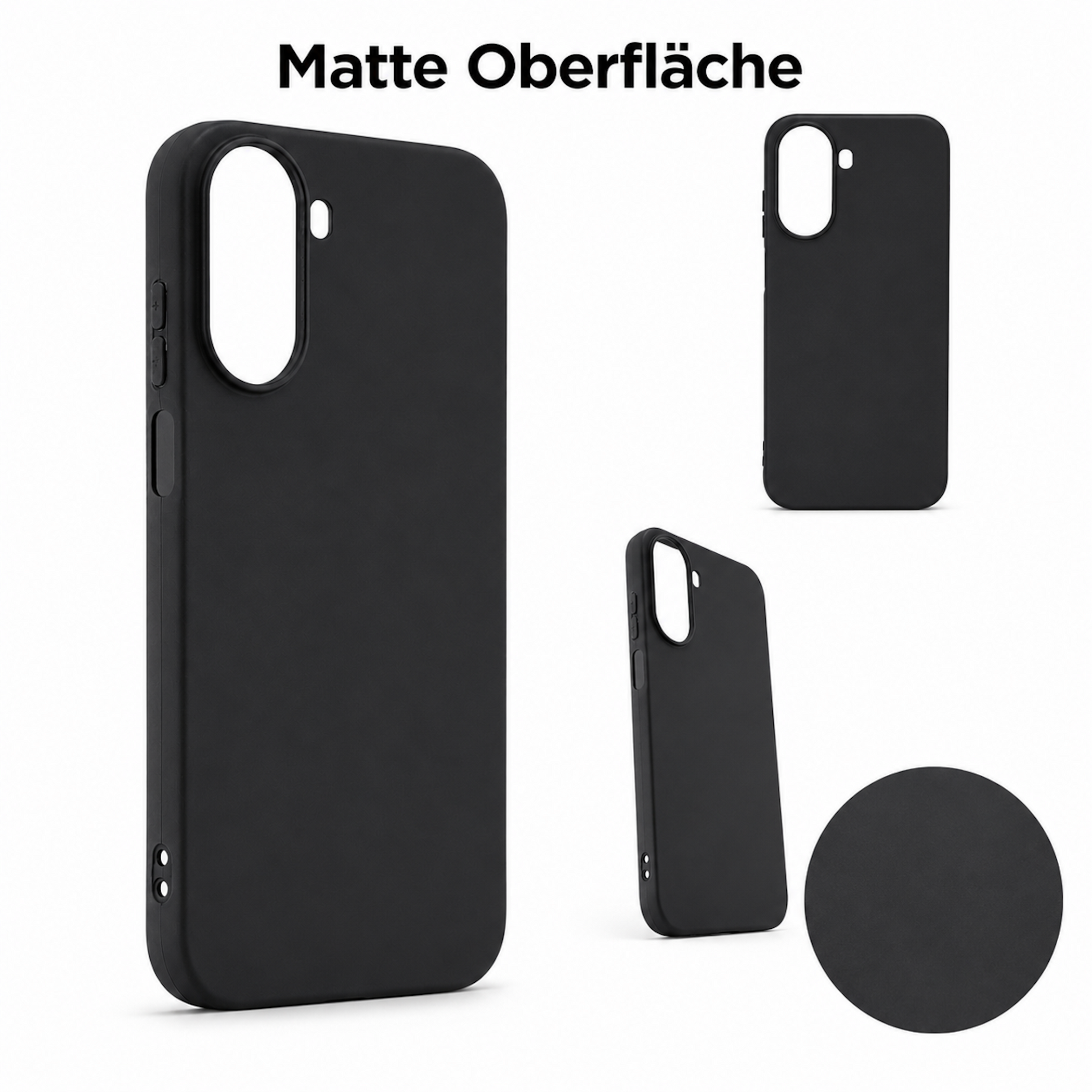 Vier schwarze Handyhüllen auf weißem Hintergrund, eine groß, drei klein.