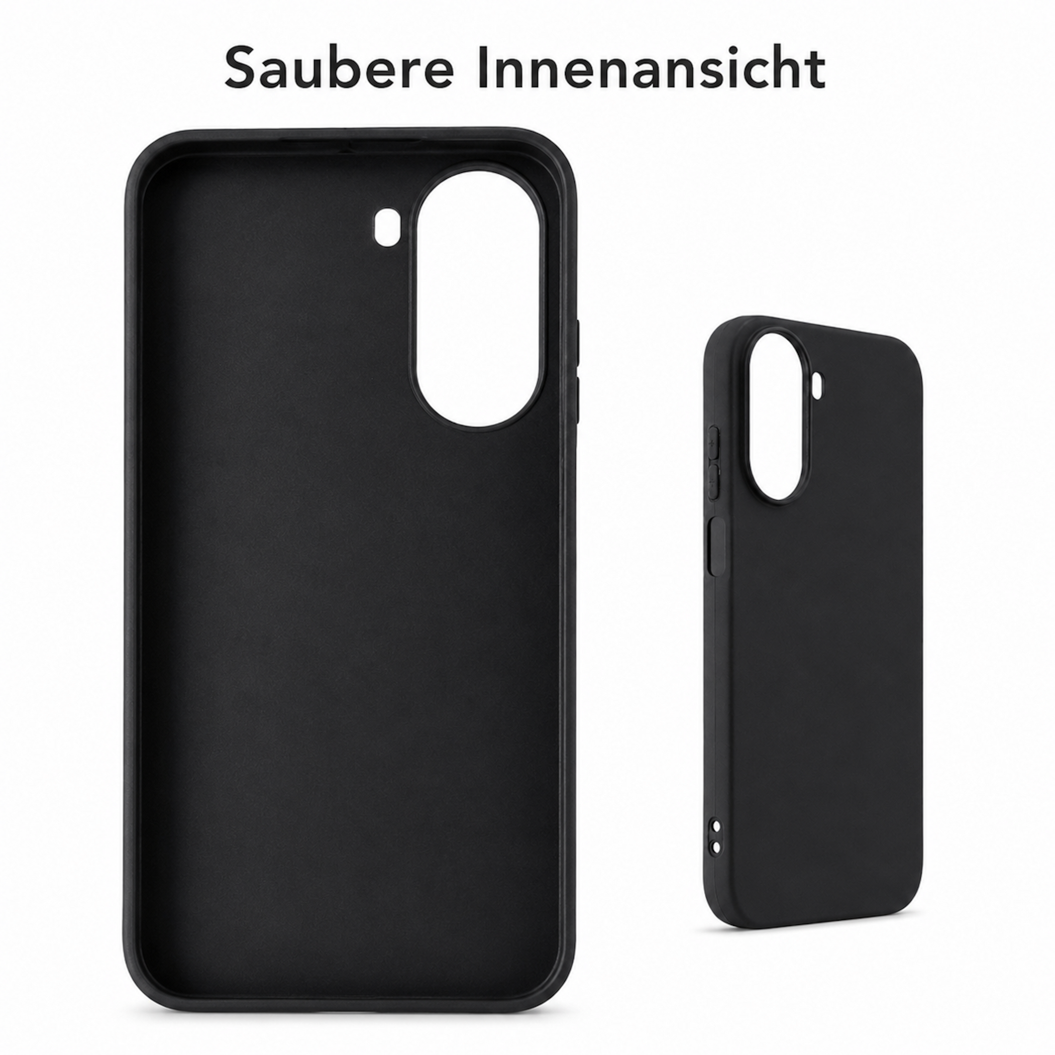 Zwei schwarze Handyhüllen, eine groß von innen, eine klein von außen.