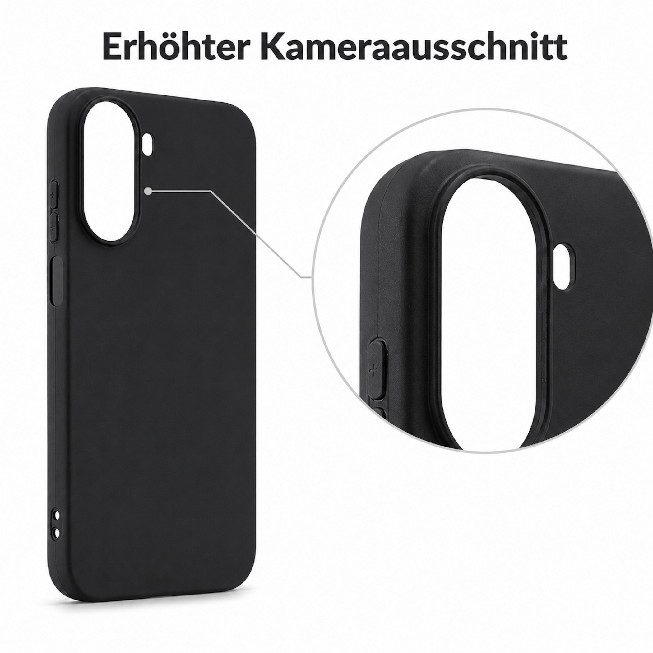 Schwarze Handyhülle mit Ausschnitt für Kamera und Tasten.