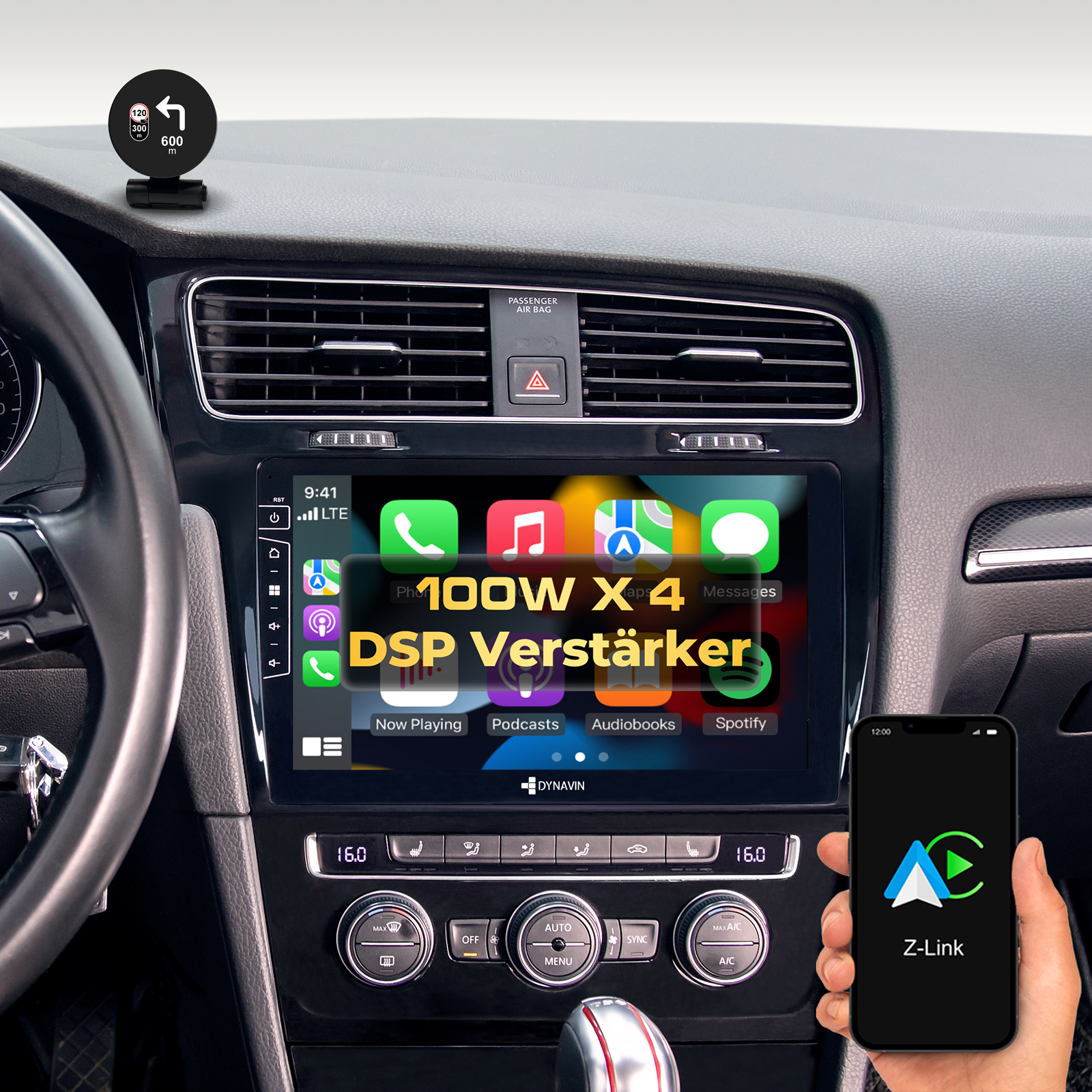 Auto-Infotainmentsystem mit Navigation und Smartphone-Integration.