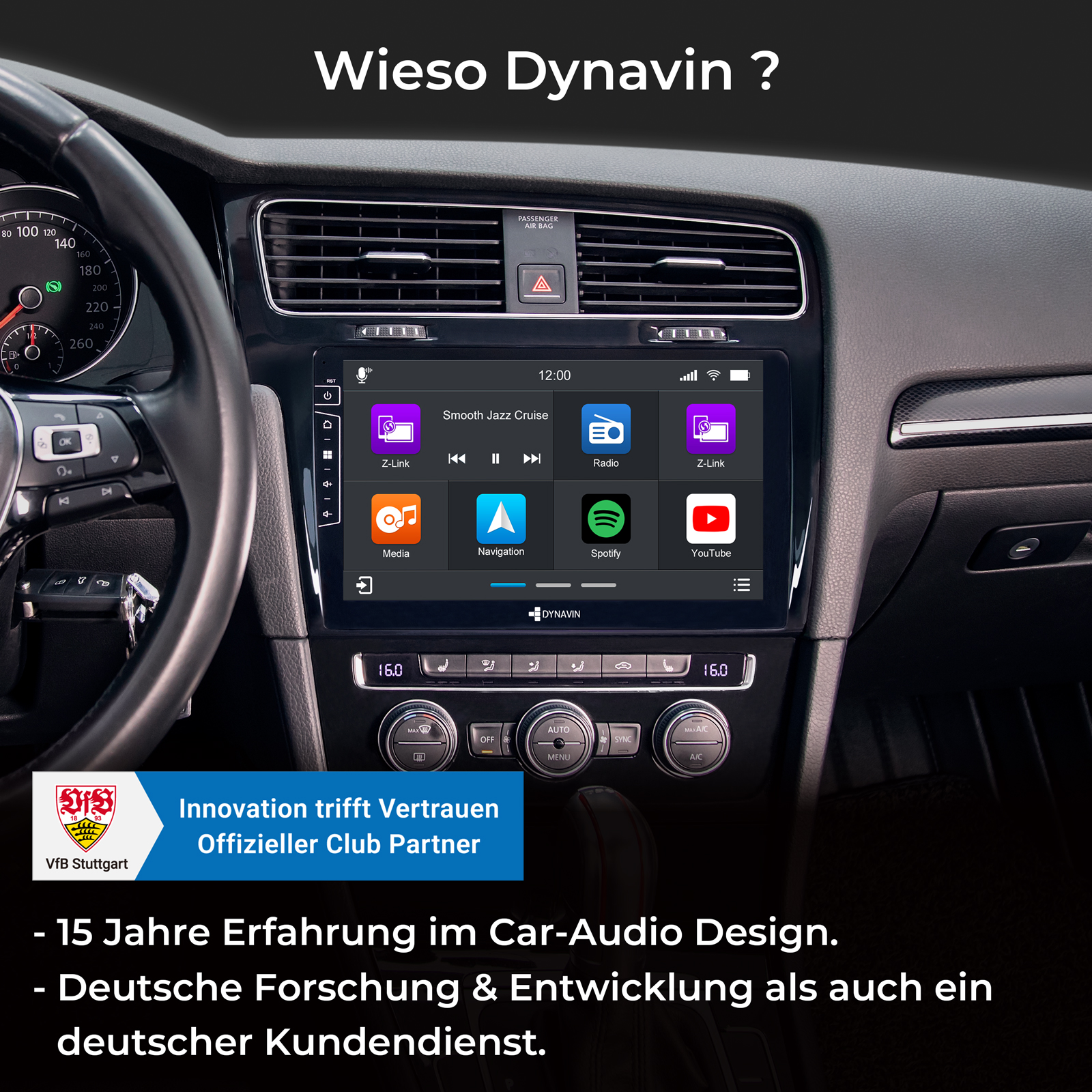 Moderne Autoinnenraumansicht mit Dynavin-Bildschirm, der Apps zeigt.