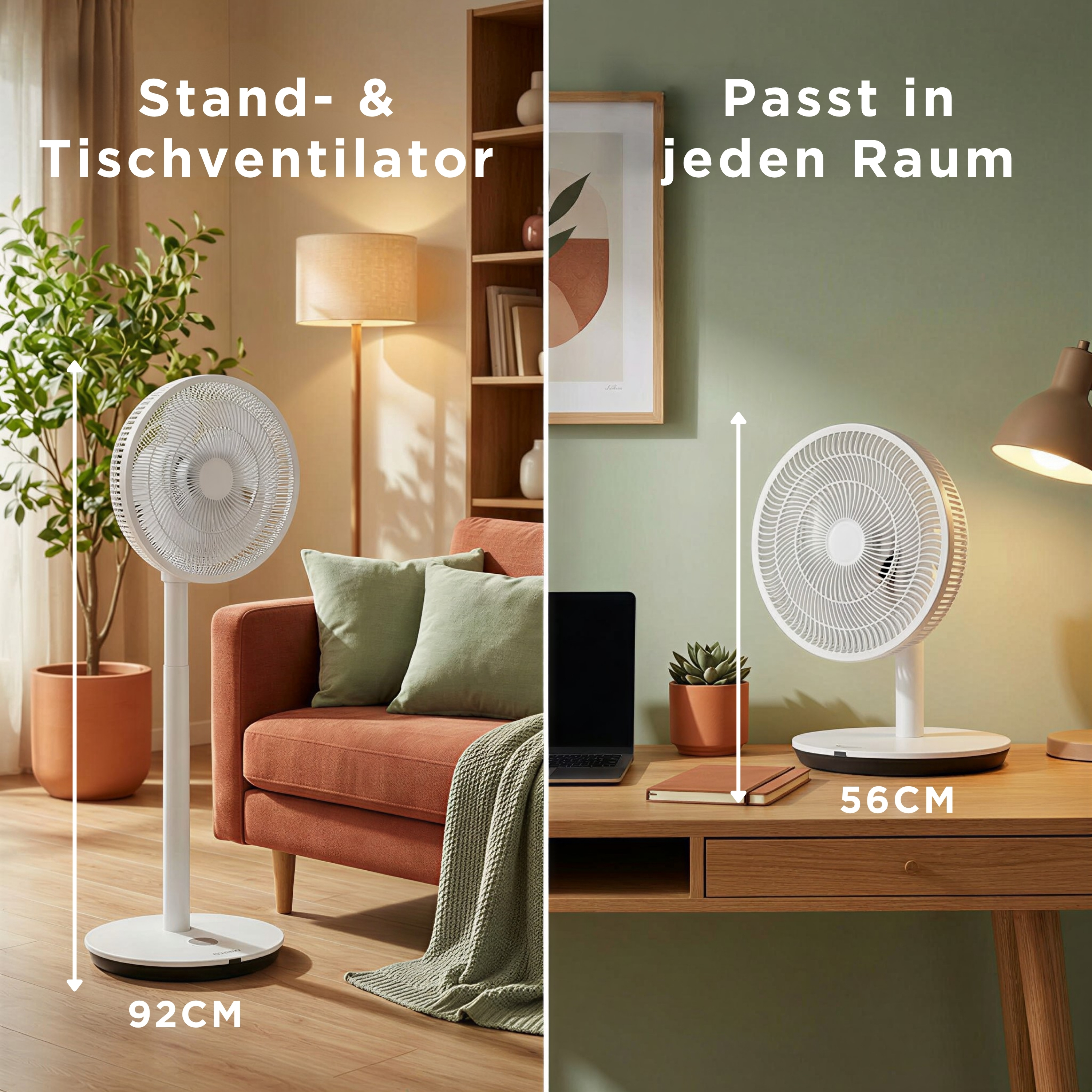 Ein Standventilator (92cm) und ein Tischventilator (56cm) werden nebeneinander gezeigt.