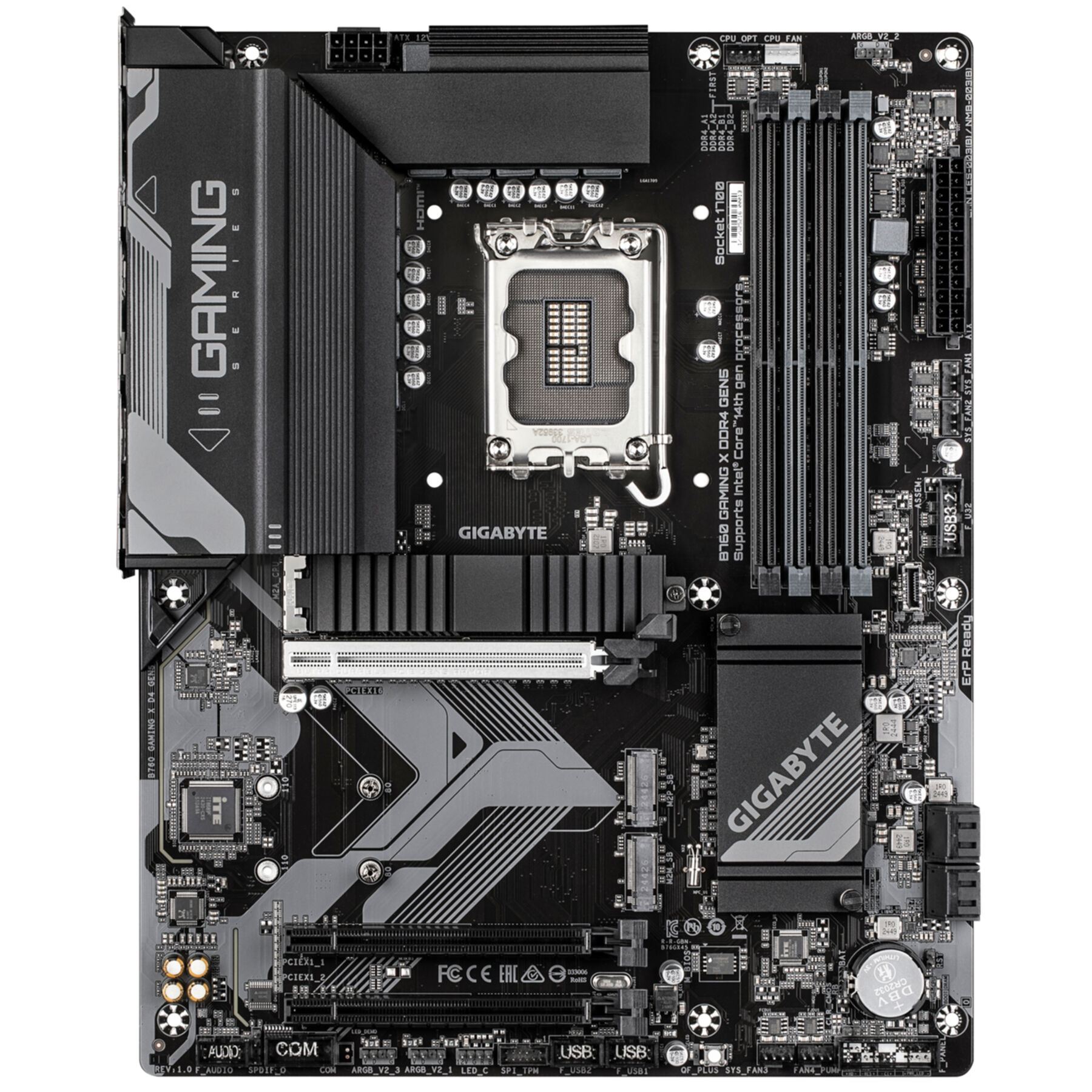 Une carte mère Gigabyte B760 Gaming X DDR4 noire avec socket CPU et emplacements RAM.
