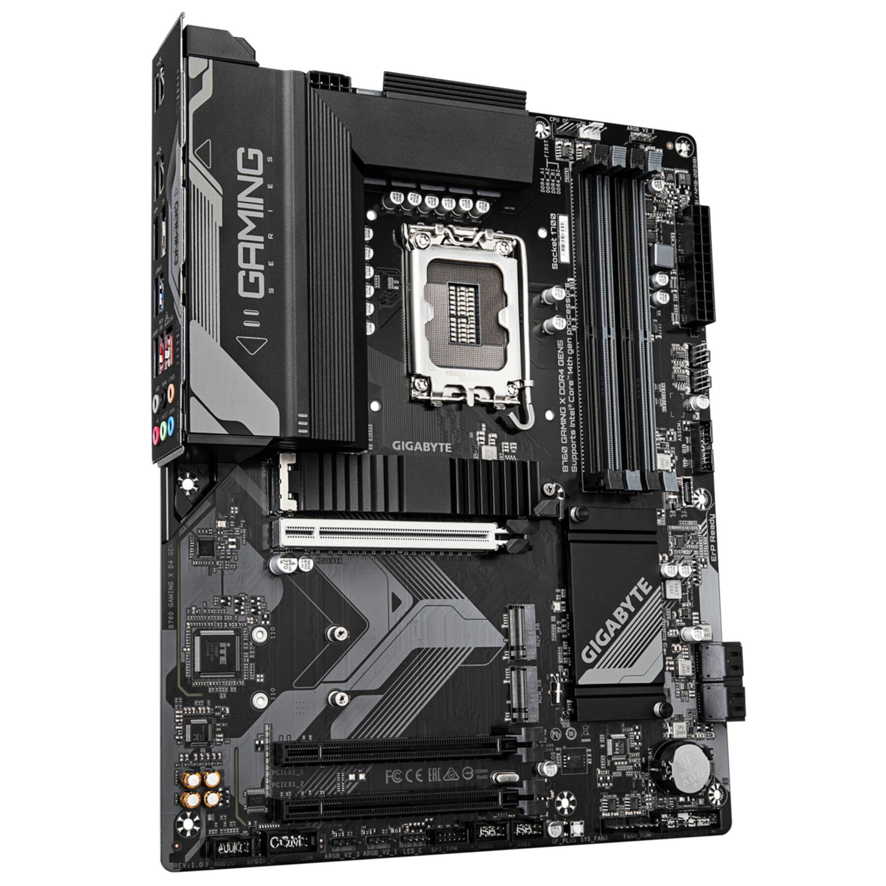 Une carte mère noire Gigabyte Gaming X DDR4 avec socket CPU, emplacements RAM et connecteurs.