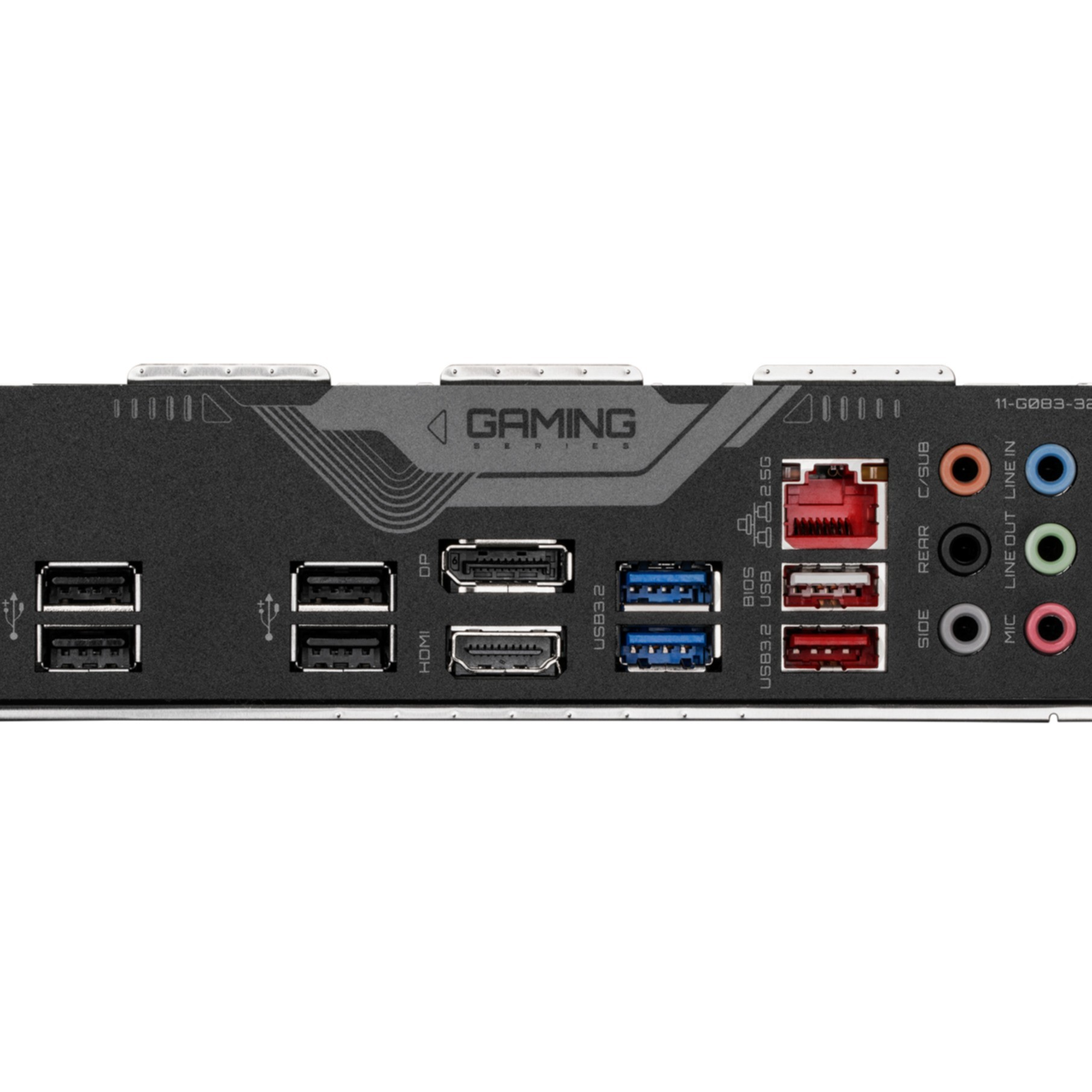 Panneau arrière d'une carte mère avec ports USB, HDMI, DP et audio.