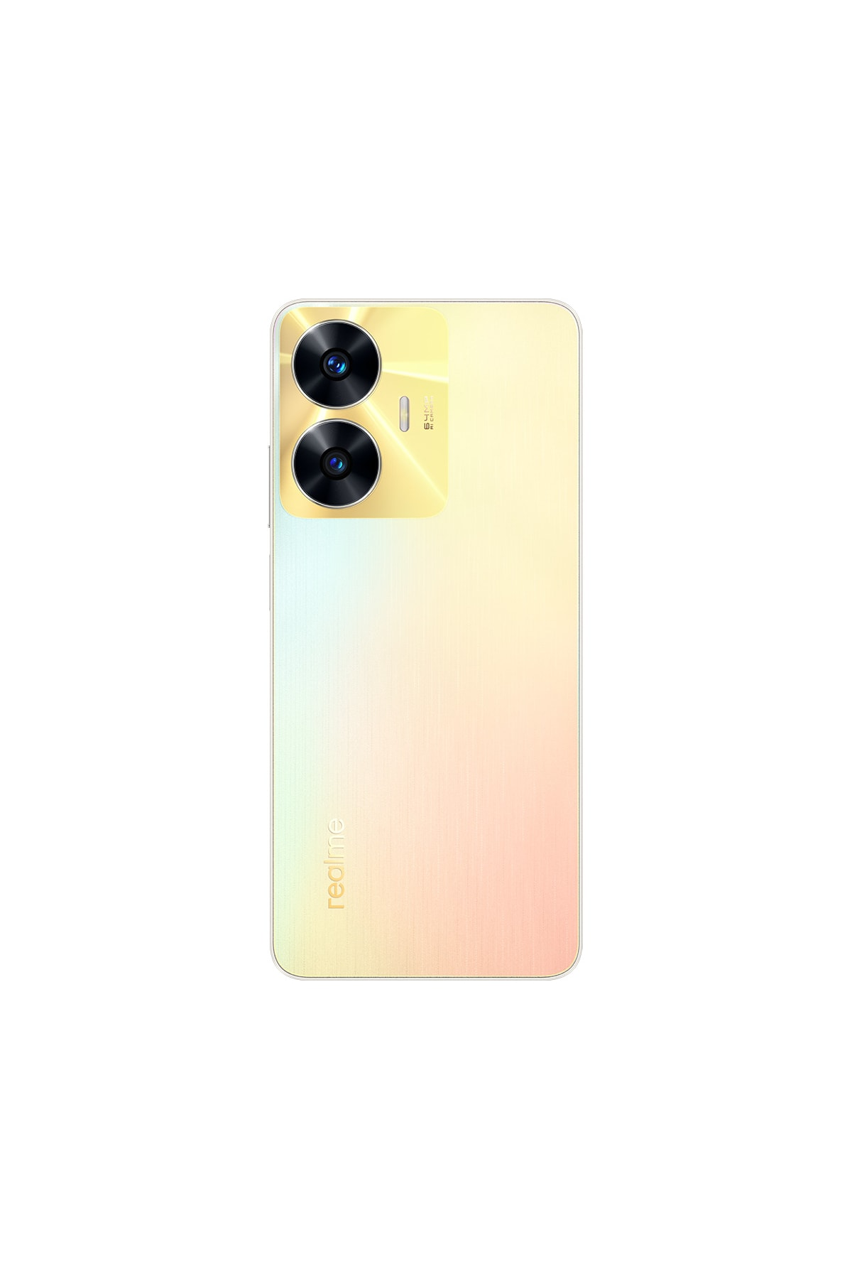 Arkada çift kamerası olan sarı bir akıllı telefon, beyaz arka plan üzerinde.
