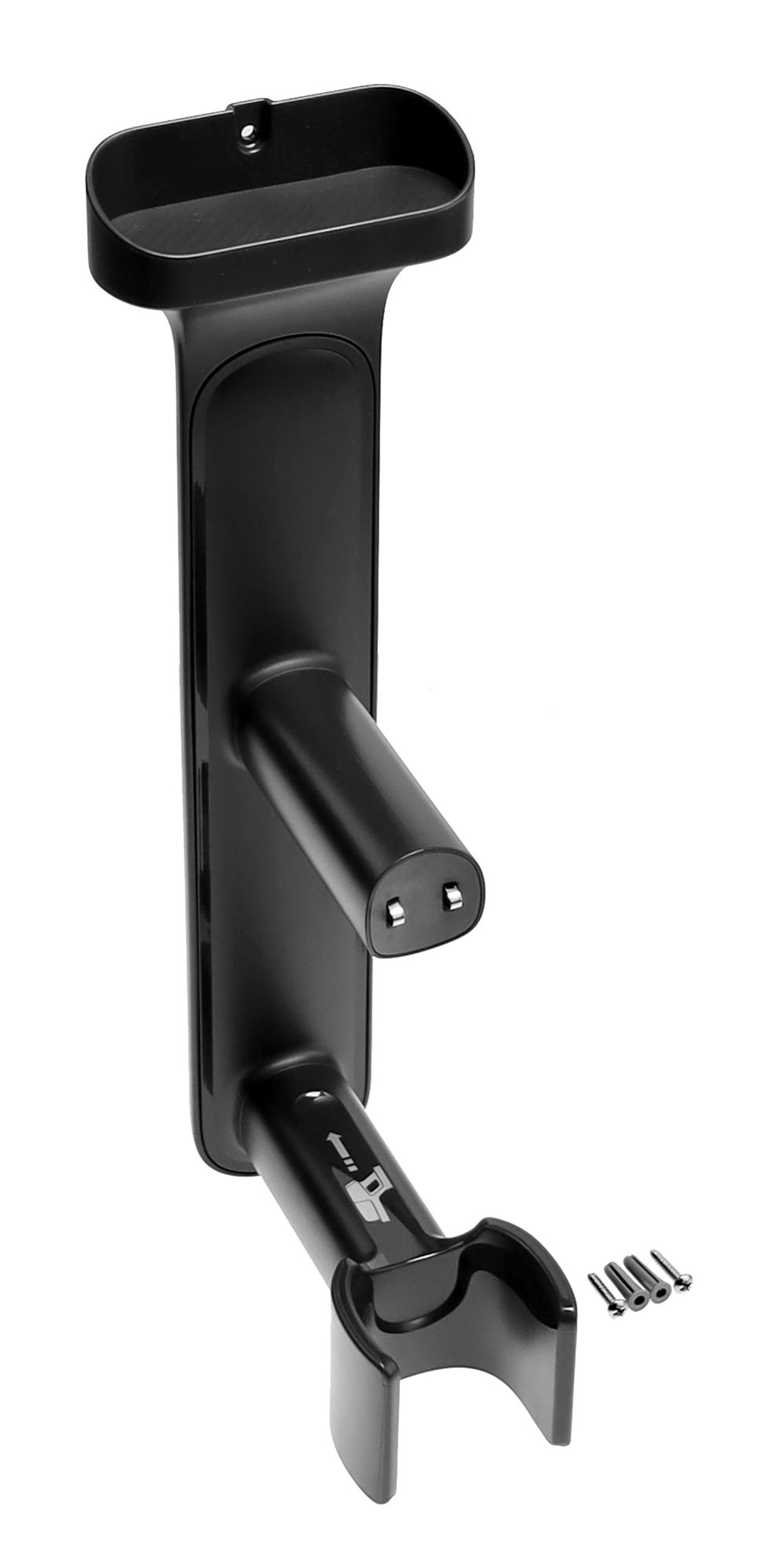 Schwarze Wandhalterung für Staubsaugerzubehör mit Schrauben.