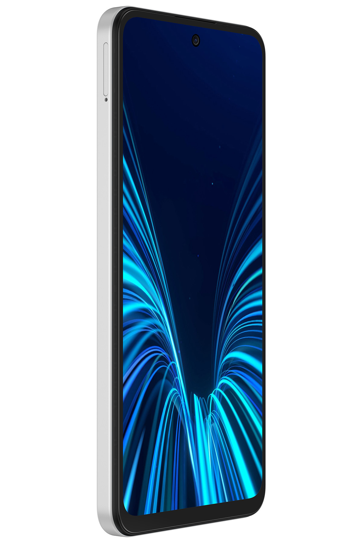 Mavi ışık çizgileri gösteren koyu ekranlı gümüş bir akıllı telefon.