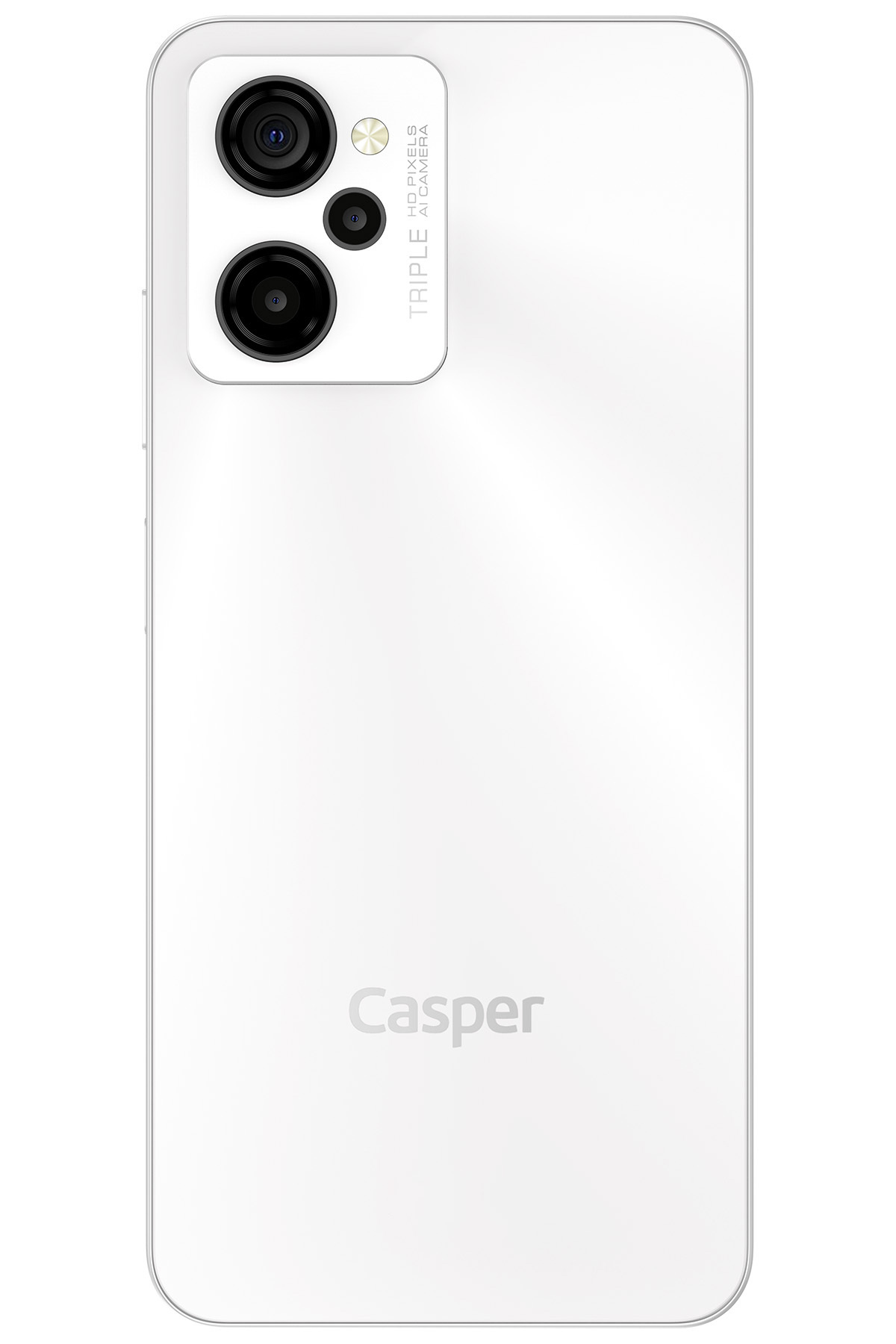 Üçlü kameraya ve Casper logosuna sahip beyaz akıllı telefon arkası.