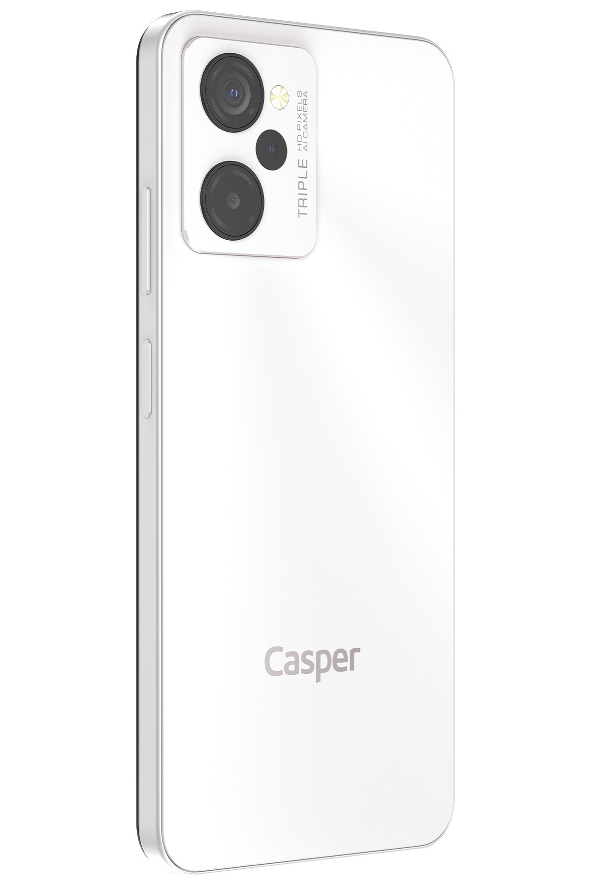 Arkada üçlü kamera ve Casper logosu bulunan beyaz bir akıllı telefon.