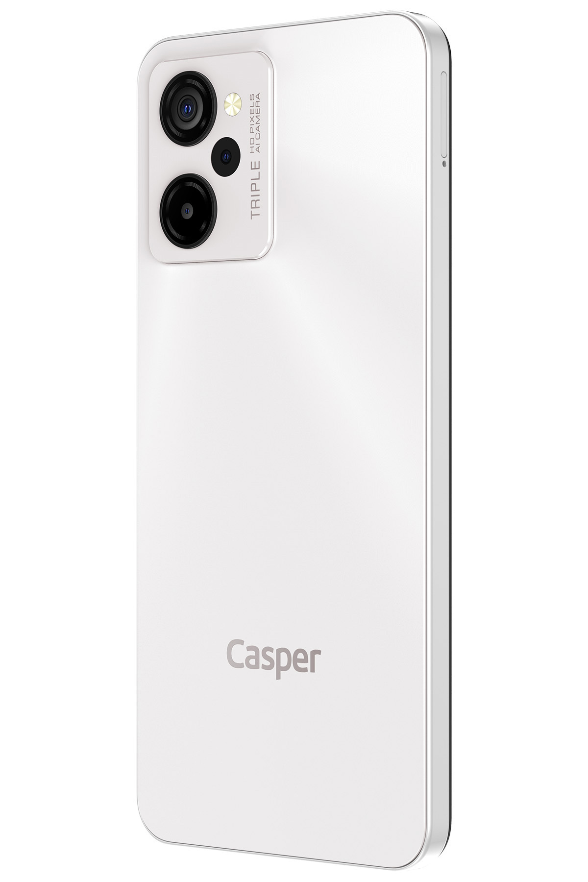 Beyaz Casper akıllı telefon arkadan gösteriliyor, üçlü kamera ve gümüş çerçeveli.