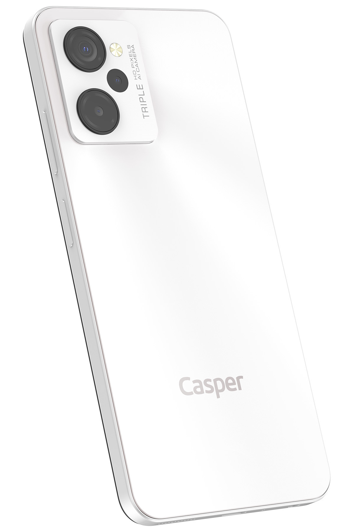 AI kamera yazılı üçlü kamera sistemine sahip beyaz bir Casper akıllı telefon.