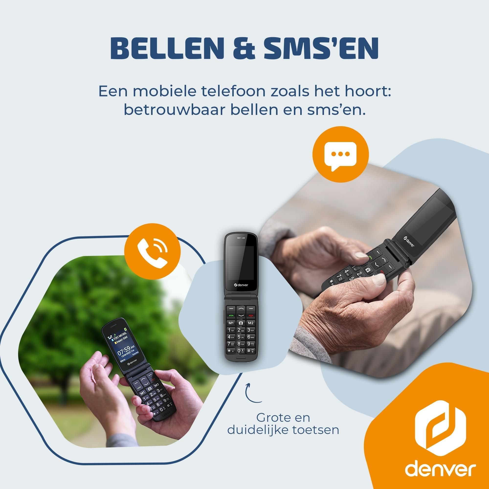 Un téléphone à clapet tenu par des mains, avec de gros boutons et le logo Denver.